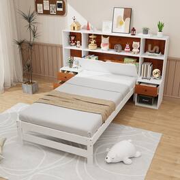 Gymax - Twin Bed Frame w/ Storage Headboard & Nightstands 7 Compartments 3 Drawers - White, Brown
