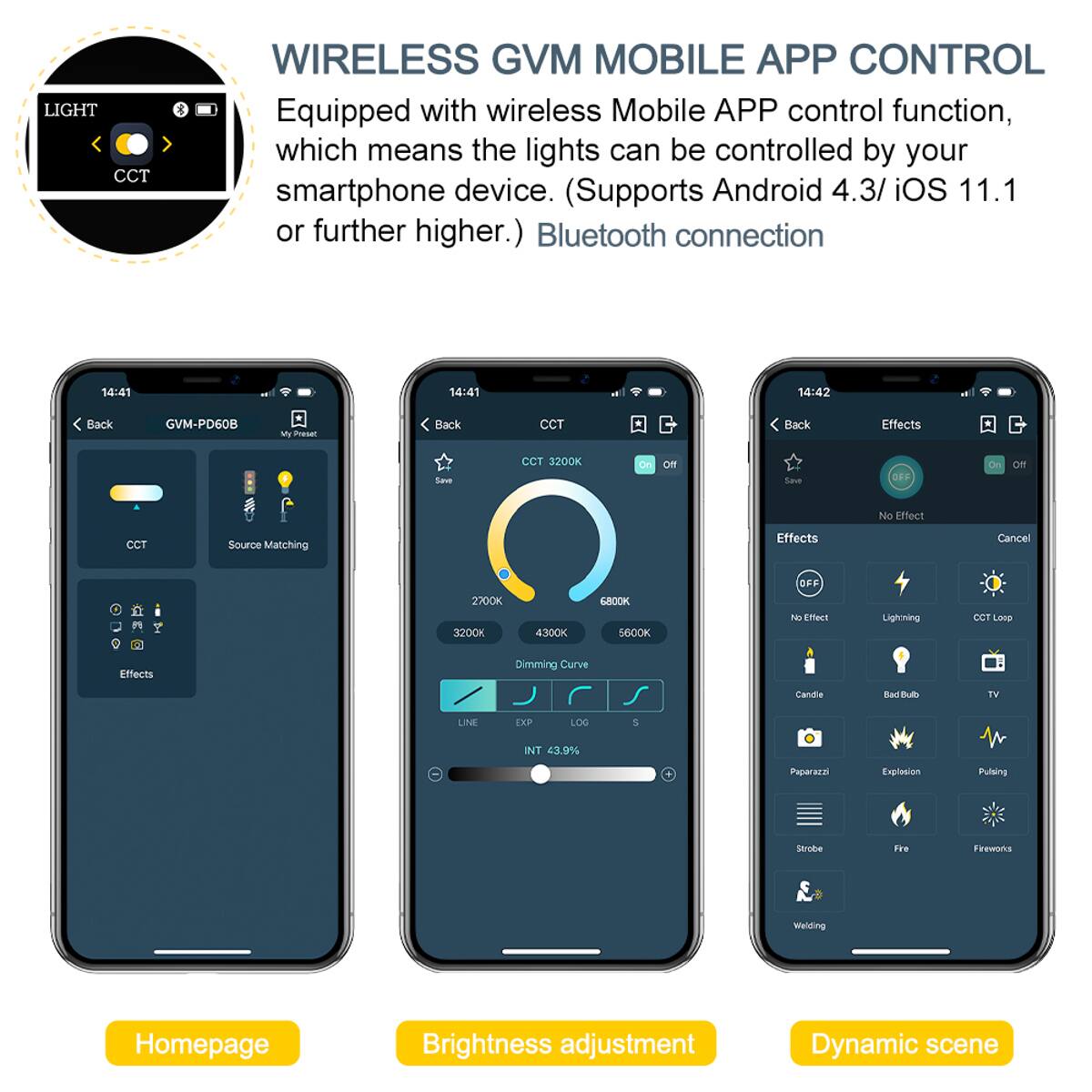 LIGHT CCT 4 WIRELESS GVM MOBILE APP CONTROL

Equipped with wireless Mobile APP control function, which means the lights can be controlled by your smartphone device. (Supports Android 4.3/ iOS 11.1 or further higher.) Bluetooth connection

14:41 14:41 14:42

Back GVM-PD60B

CCT Back Effects Save CCT 3200K on OR Saus OF OR No Effect CCT Source Matching Effects Cancel 2700K 3200K 4300K 5600K

Dimming Curve Candie Bad Bu TV LINE EXP LOG S

Homepage Brightness adjustment Dynamic scene