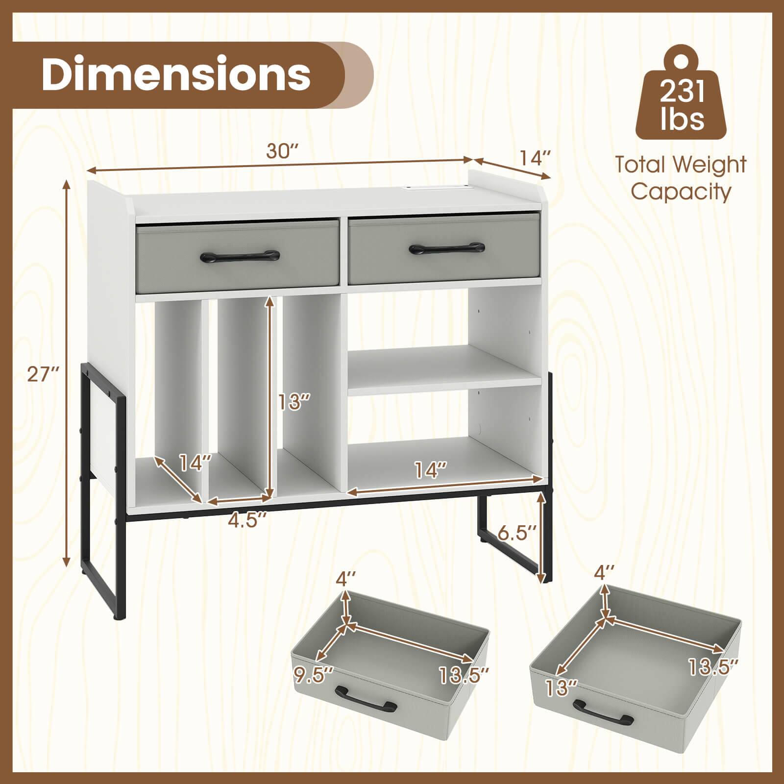 Dimensions: 30" x 14"  
Total Weight Capacity: 231 lbs  
Dimensions: 27" x 13" x 14" x 14" x 4.5" x 6.5" x 4" x 4" x 9.5" x 13.5" x 13" x 13.5"