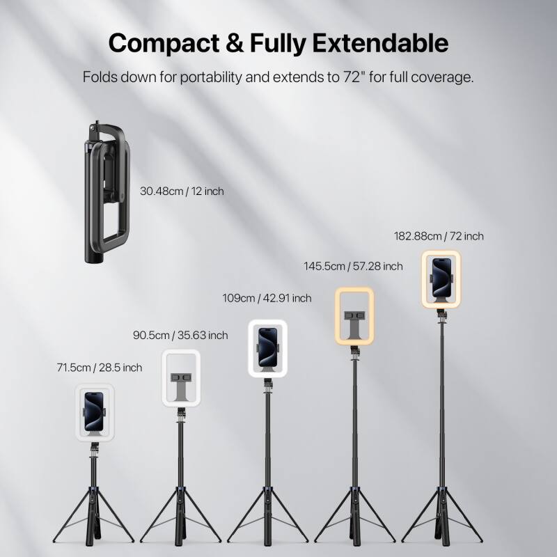 Compact & Fully Extendable Folds down for portability and extends to 72" for full coverage. 30.48cm/12 inch 182.88cm/72 inch 145.5cm/57.28 inch 109cm/42.91 inch 90.5cm/35.63 inch 71.5cm/28.5 inch