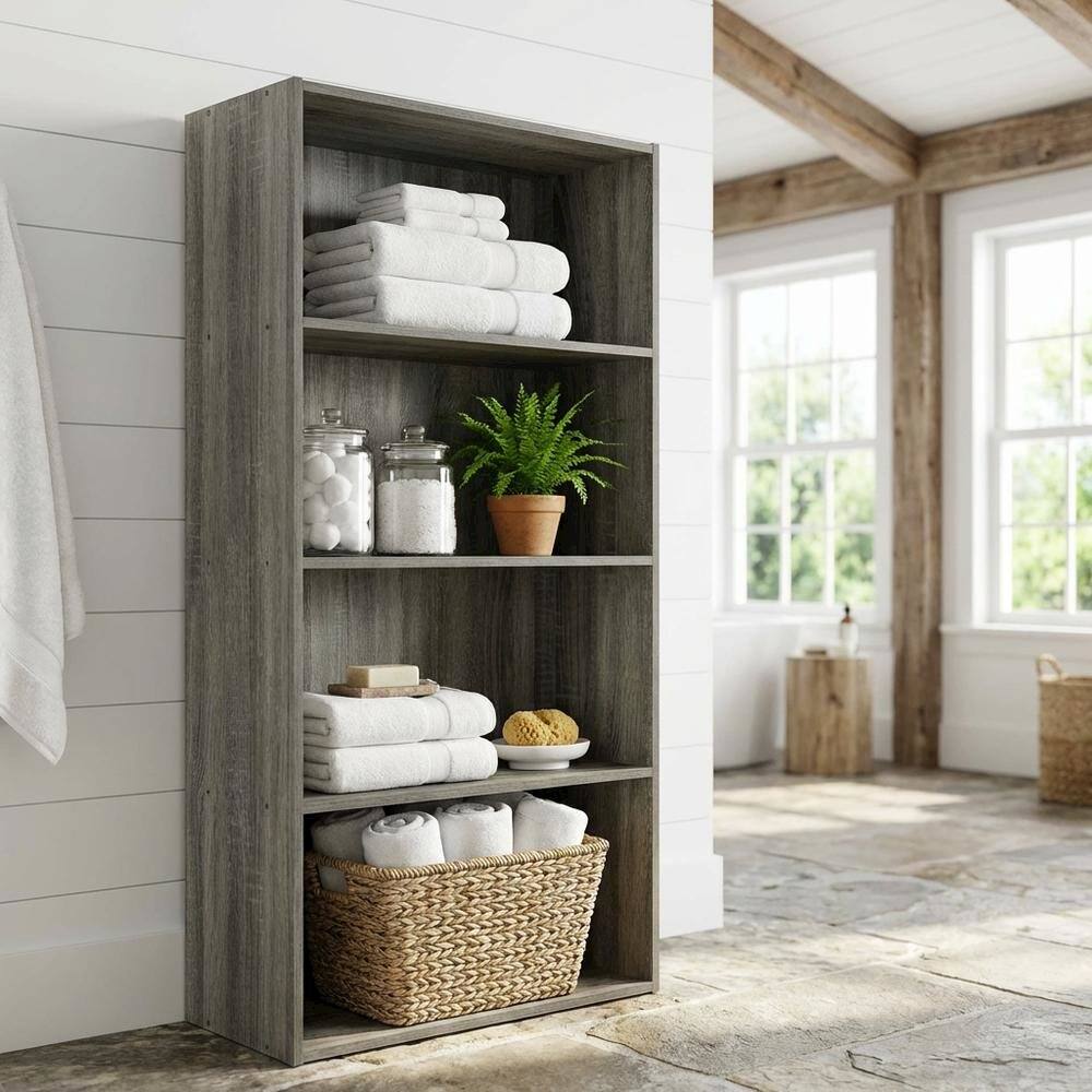 Angle. FurniFact - French Oak Grey 4-Tier Open Shelf Bookcase with Wooden Construction - French Oak Grey.