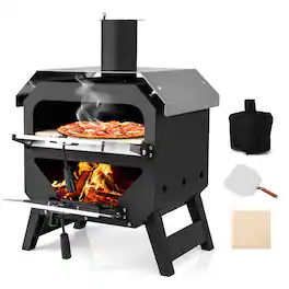 Gymax - 12'' Outdoor Pizza Oven w/ Pizza Stone Pizza Peel & Oxford Cloth Cover - Black