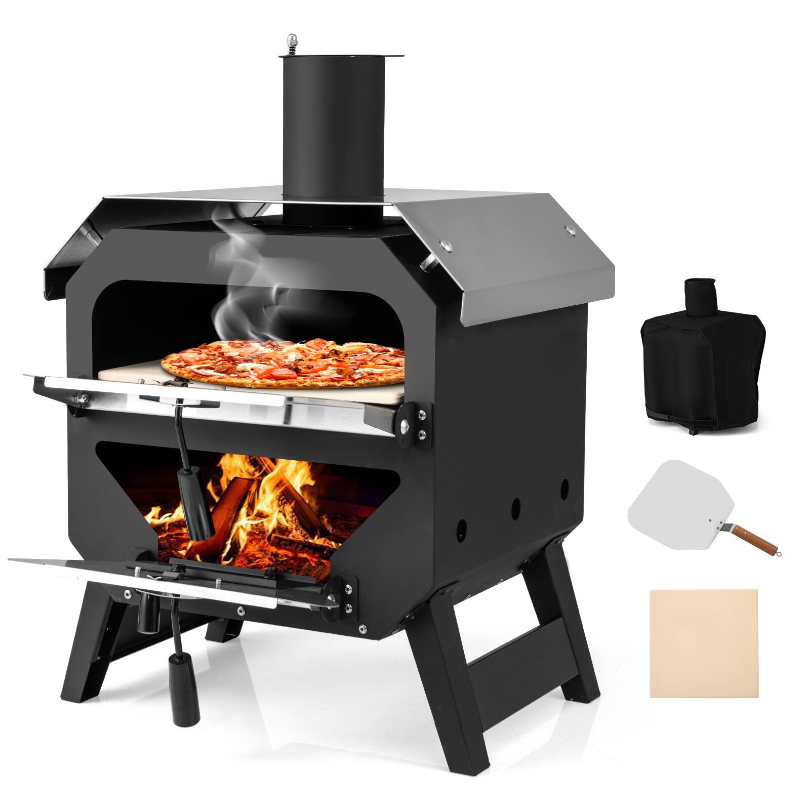 Front. Gymax - Gymax 12'' Outdoor Pizza Oven w/ Pizza Stone Pizza Peel & Oxford Cloth Cover - Black.