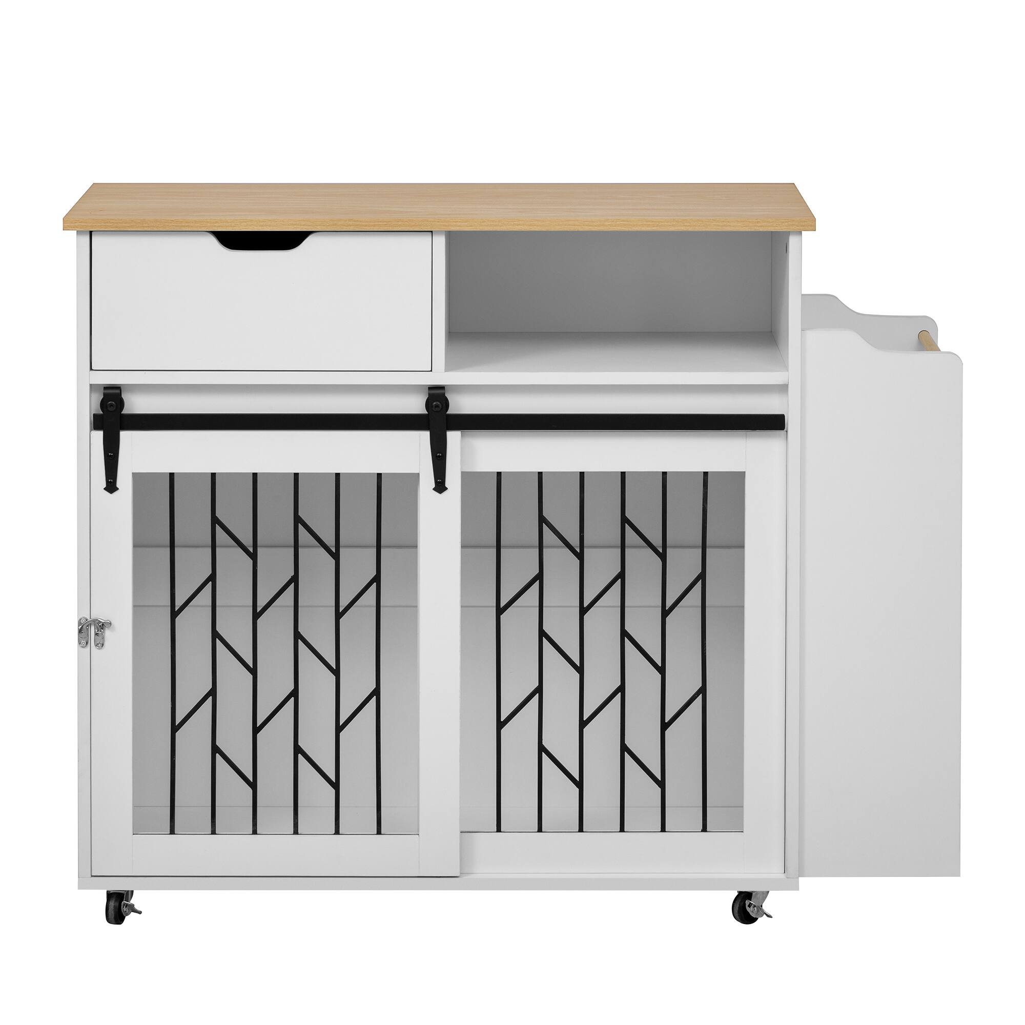 Angle. Runesay - 2 In 1 33.8" Cream White Modern Dog Crate Kitchen Island With Storage for Small-sized Dogs up to 40lbs with Wheels.