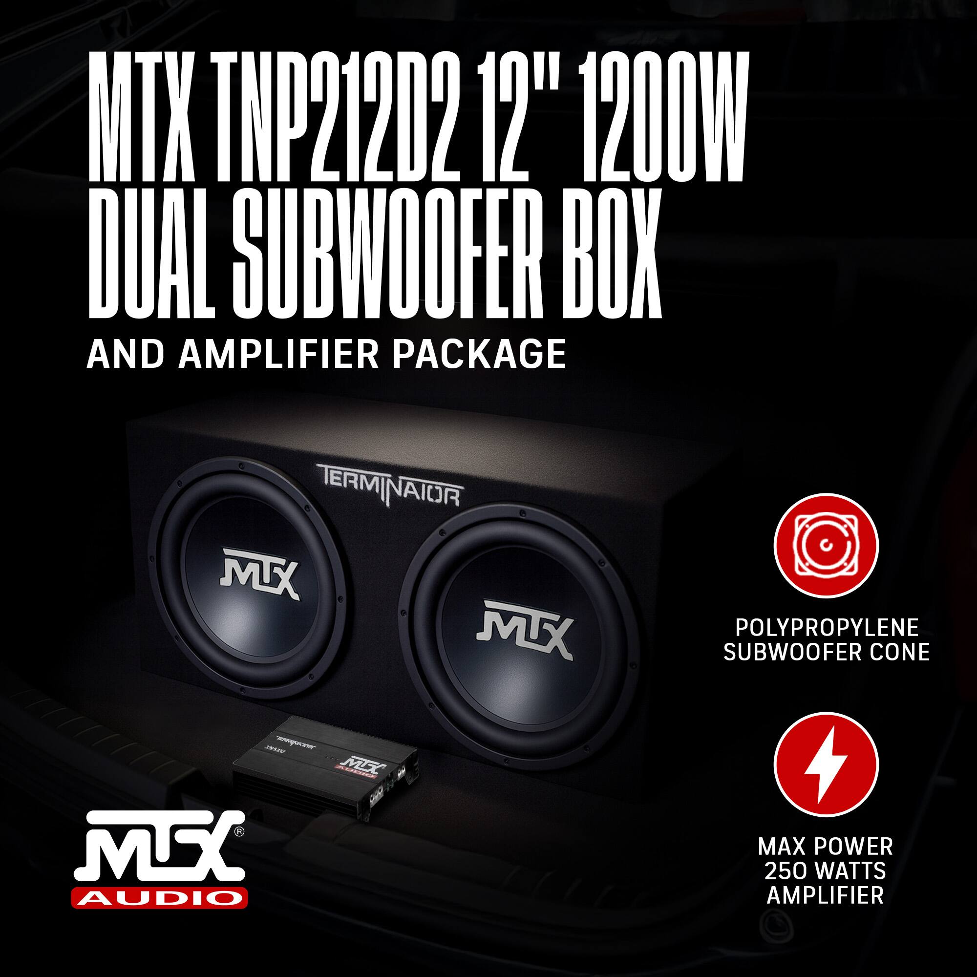 MTX TNP212D2 12" 1200W DUAL SUBWOOFER BOX AND AMPLIFIER PACKAGE

- POLYPROPYLENE SUBWOOFER CONE
- MAX POWER 250 WATTS AMPLIFIER