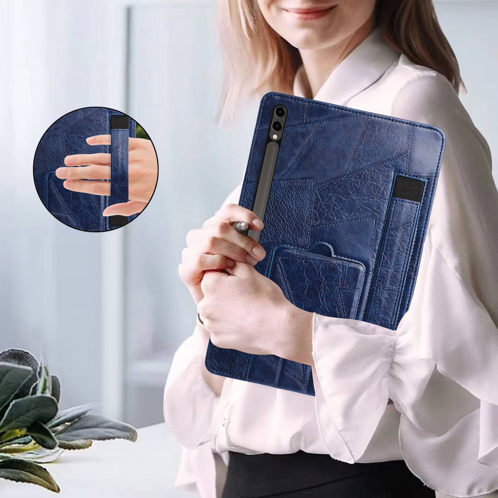 Alt View 1. Dteck - Leather Texture Case for Samsung Galaxy Tab S10 FE+, Shockproof Cover with Multi-Angle Stand and Secure Hand Strap - Blue.