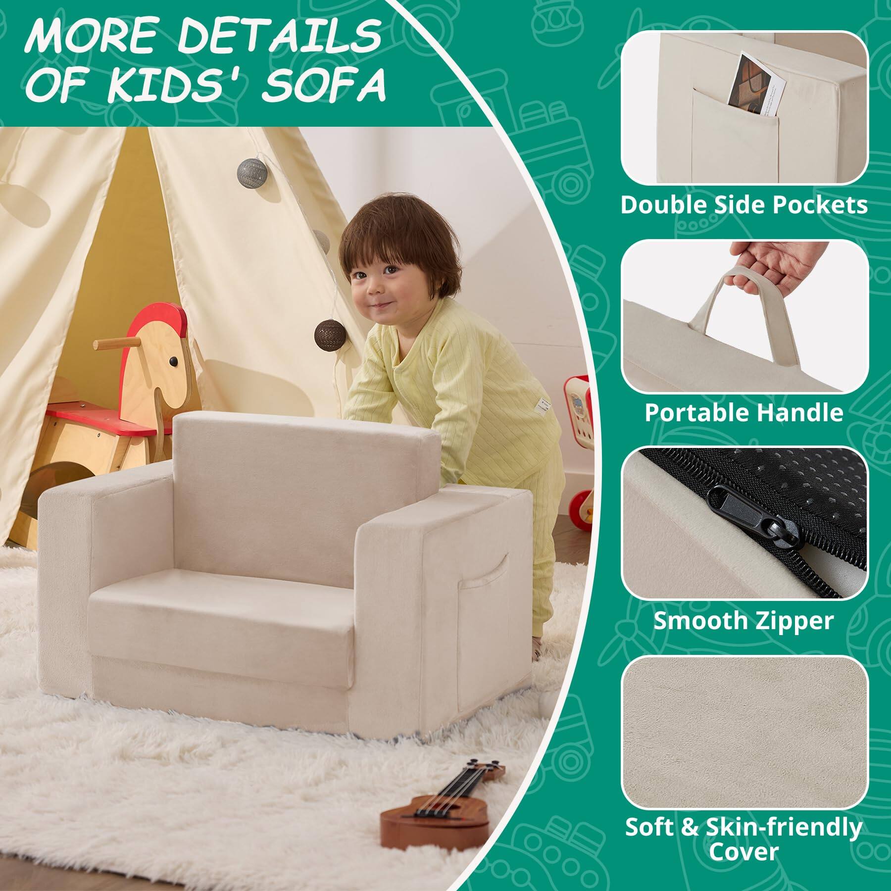 MORE DETAILS OF KIDS' SOFA

- Double Side Pockets
- Portable Handle
- Smooth Zipper
- Soft & Skin-friendly Cover