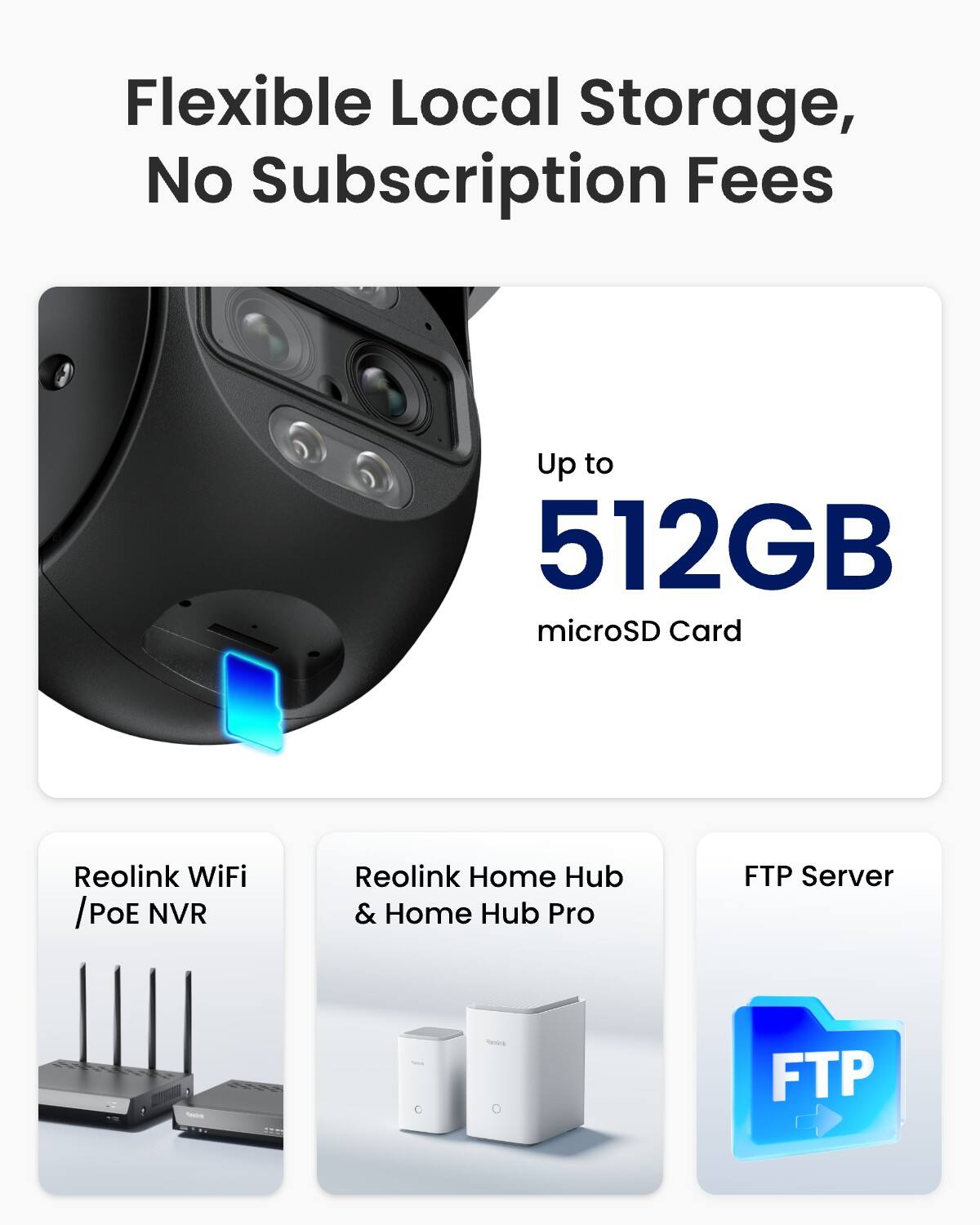 Flexible Local Storage, No Subscription Fees

Up to 512GB microSD Card

Reolink WiFi / POE NVR

Reolink Home Hub & Home Hub Pro

FTP Server