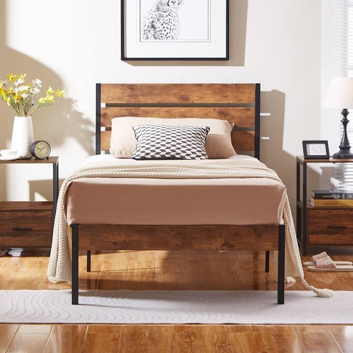 Left. Hivvago - Hivvago Twin Industrial Platform Bed Frame with Wood Slatted Headboard Footboard - Brown.