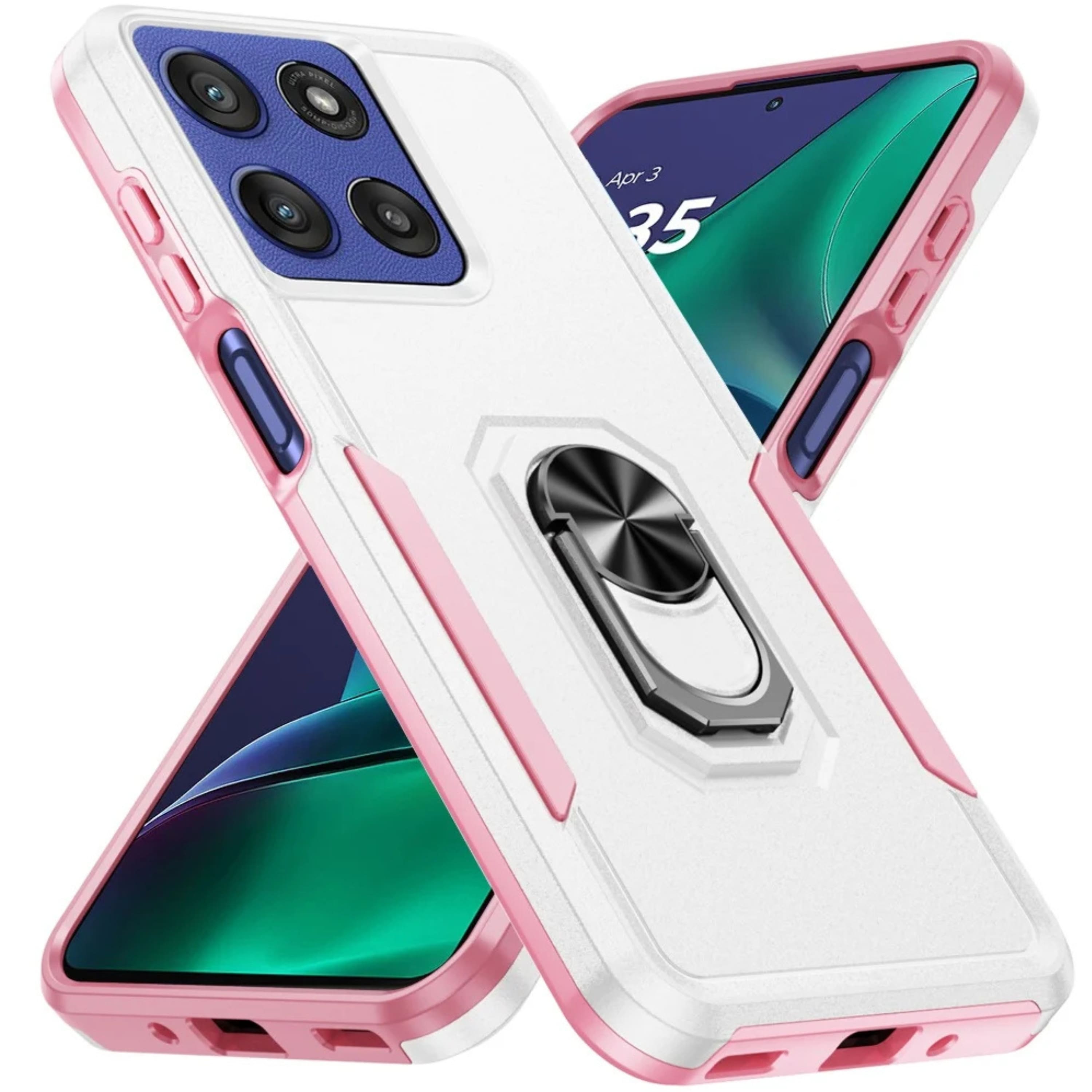 Kitcheniva - Hard Shell Soft Inner Rubber Cover Metal Ring Stand Phone Case With Tempered Glass For Moto G Stylus 2026/2025 - White