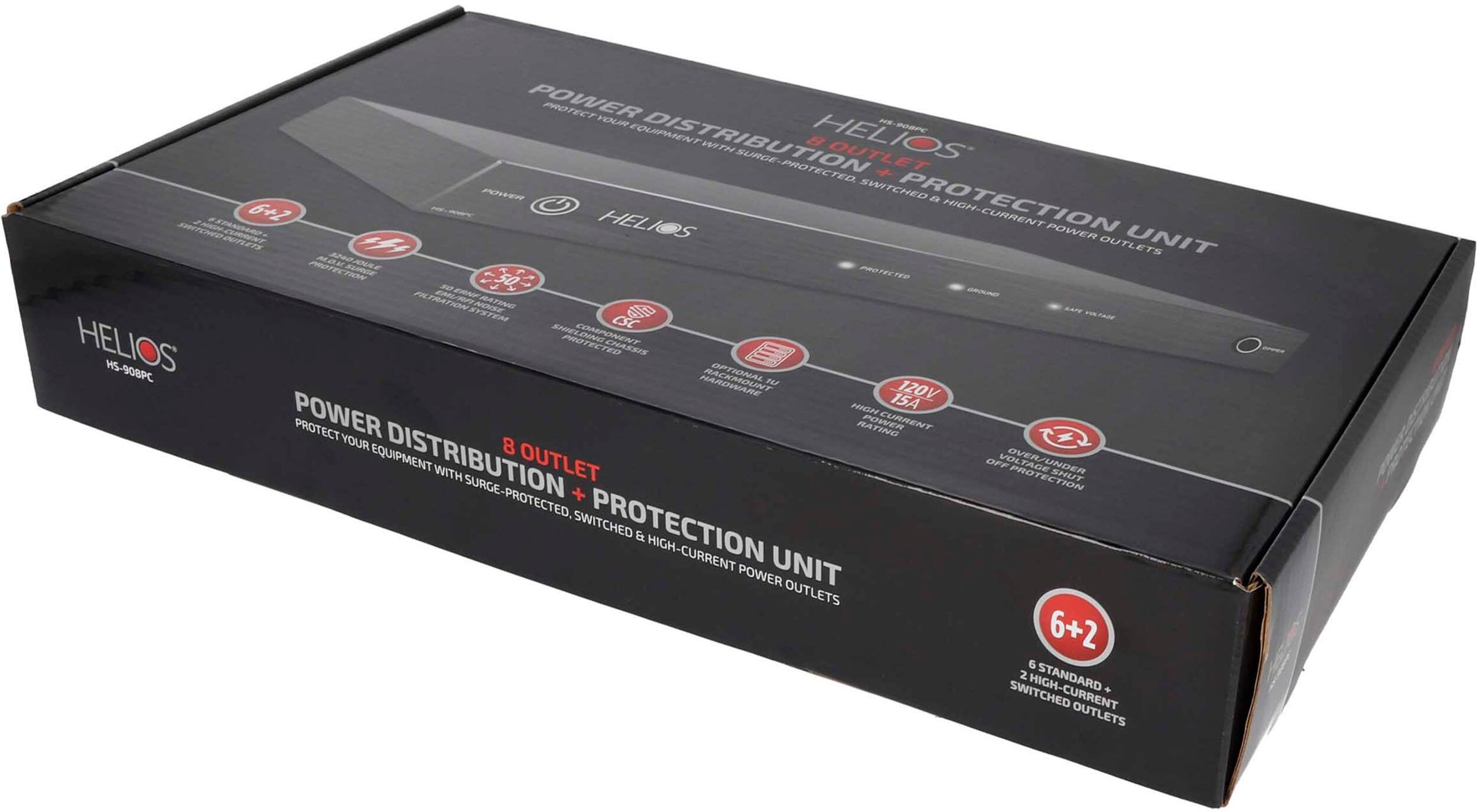 The image features a box that contains a power distribution unit with surge-protected outlets. The unit is designed to protect your equipment from power surges and voltage fluctuations. The box contains a total of 8 outlets, with 6 of them being high-current outlets and 2 standard switched outlets. The high-current outlets are designed to handle high-current equipment, while the standard switched outlets are suitable for regular use. The box also includes a power switch, which allows you to control the power supply to the connected devices. Overall, this power distribution unit is a practical solution for protecting your equipment and ensuring a stable power supply.