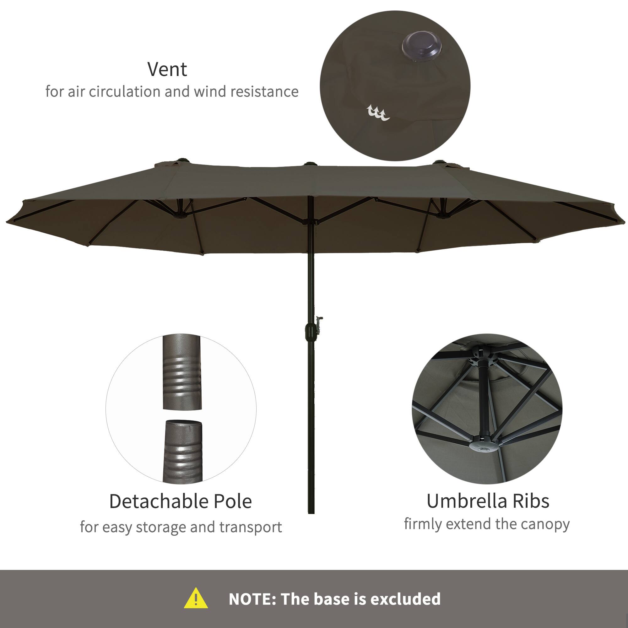 Vent for air circulation and wind resistance
Detachable Pole for easy storage and transport
Umbrella Ribs firmly extend the canopy

! NOTE: The base is excluded