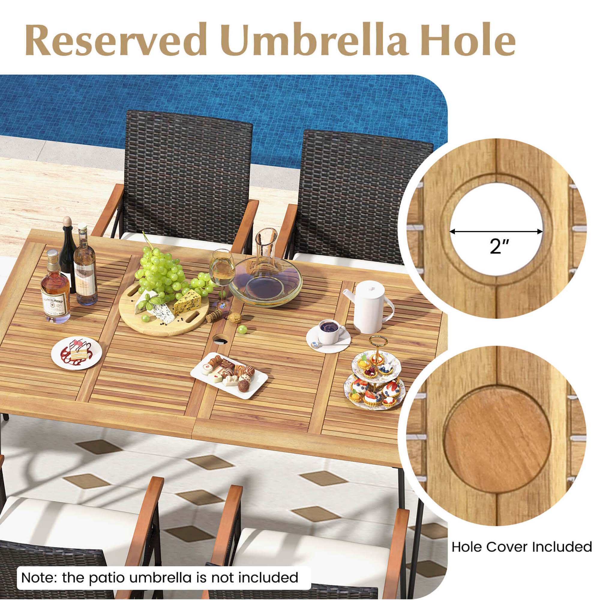 Reserved Umbrella Hole 2" Hole Cover Included Note: the patio umbrella is not included