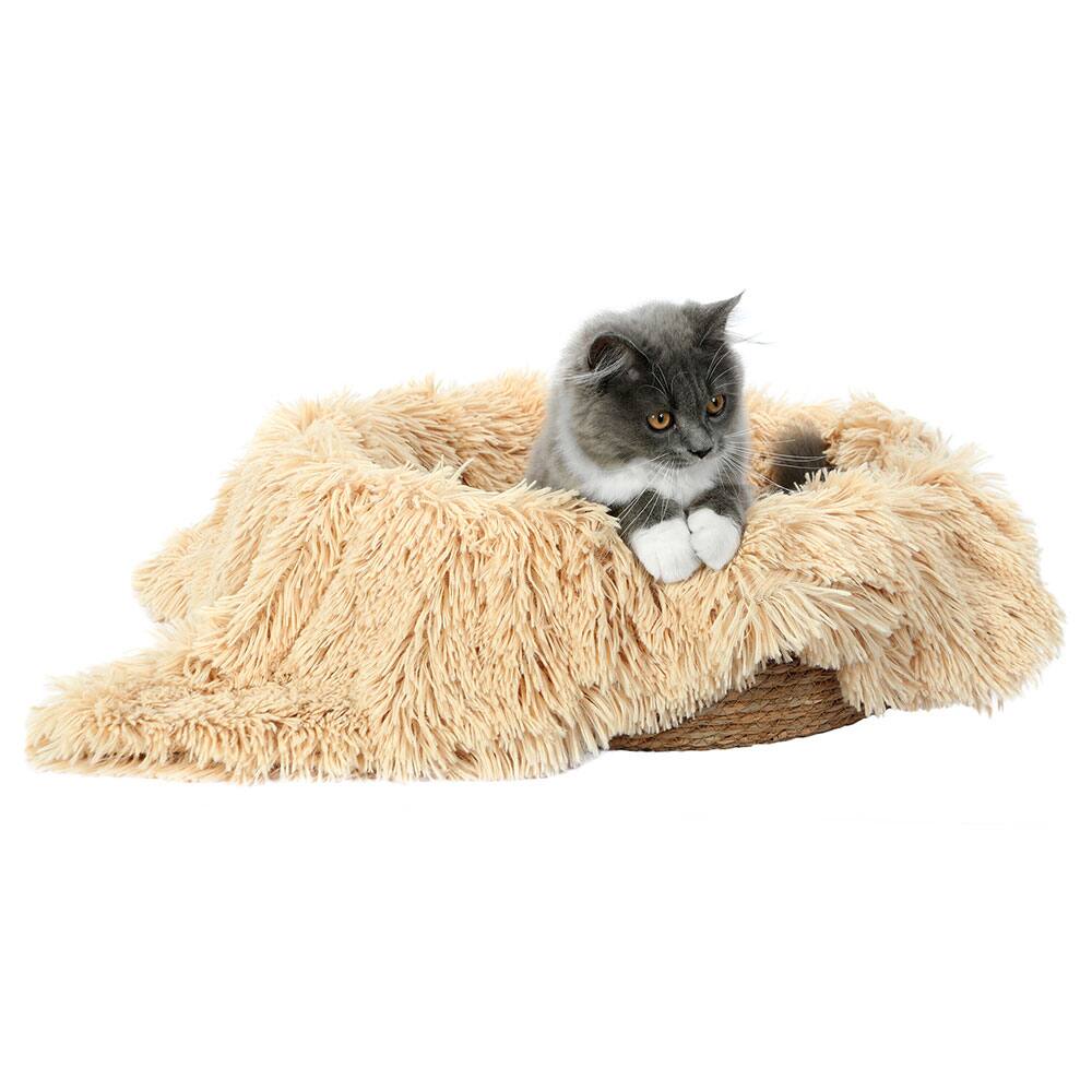 Alt View 9. Fluffee - Woven Cat Bed with Removable Washable Cushion & Blanket, Cozy Indoor Cat Bed, Warm Round Pet Bed for 0-15kg Cats & Dogs - Beige.