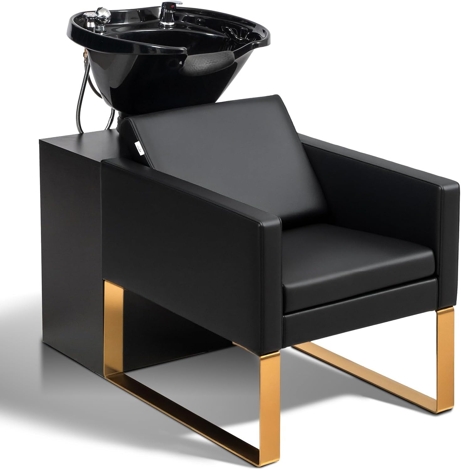 Winado - Professional Backwash Unit Salon Chair with Shampoo Bowl & Silicone Neck Rest & Storage Cabinet for Beauty, Barbershop - Black/Gold