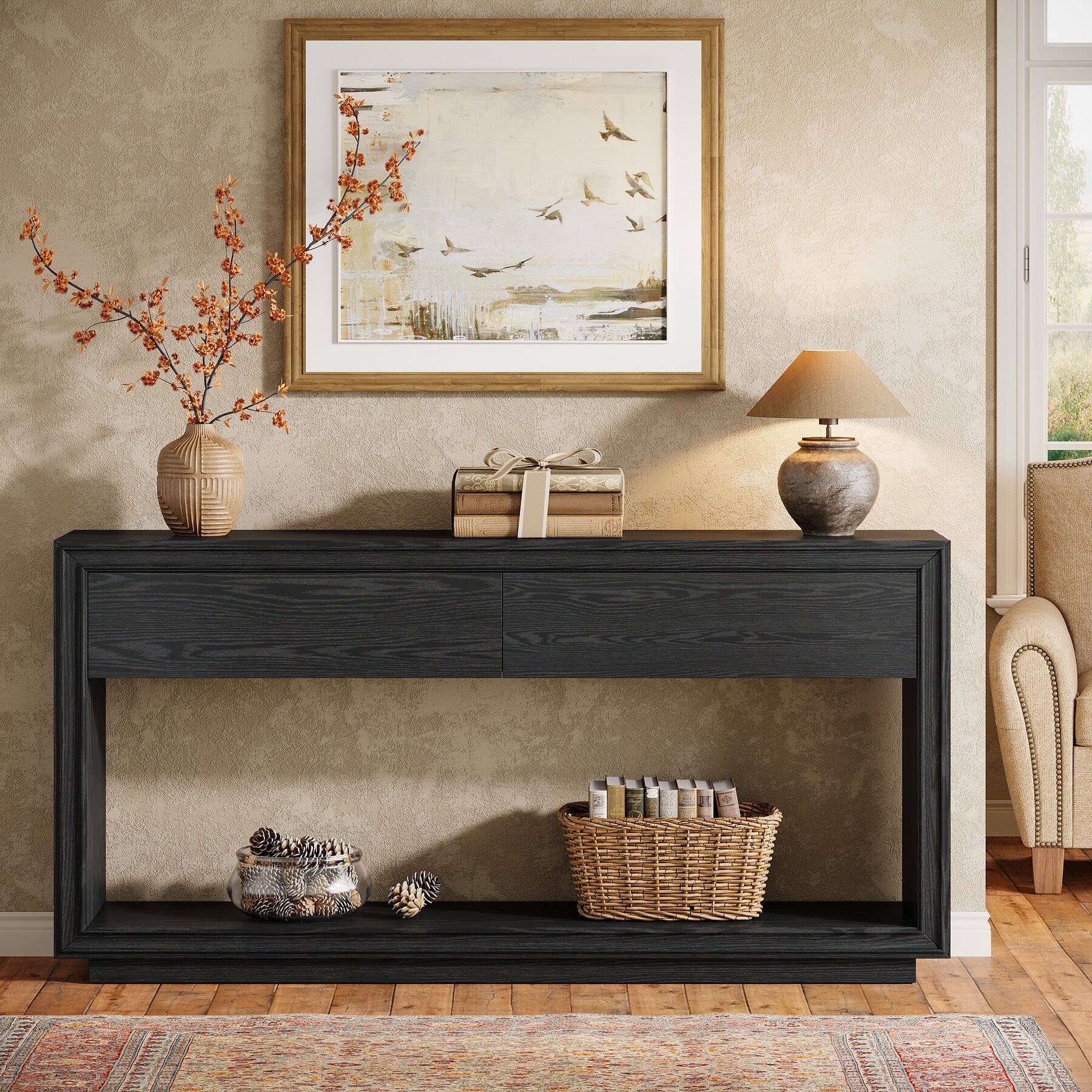 Angle. Tribesigns - Farmhouse Console Table with Storage Shelves and Drawer Storage for Entryway, Hallway and Living Room - Black.