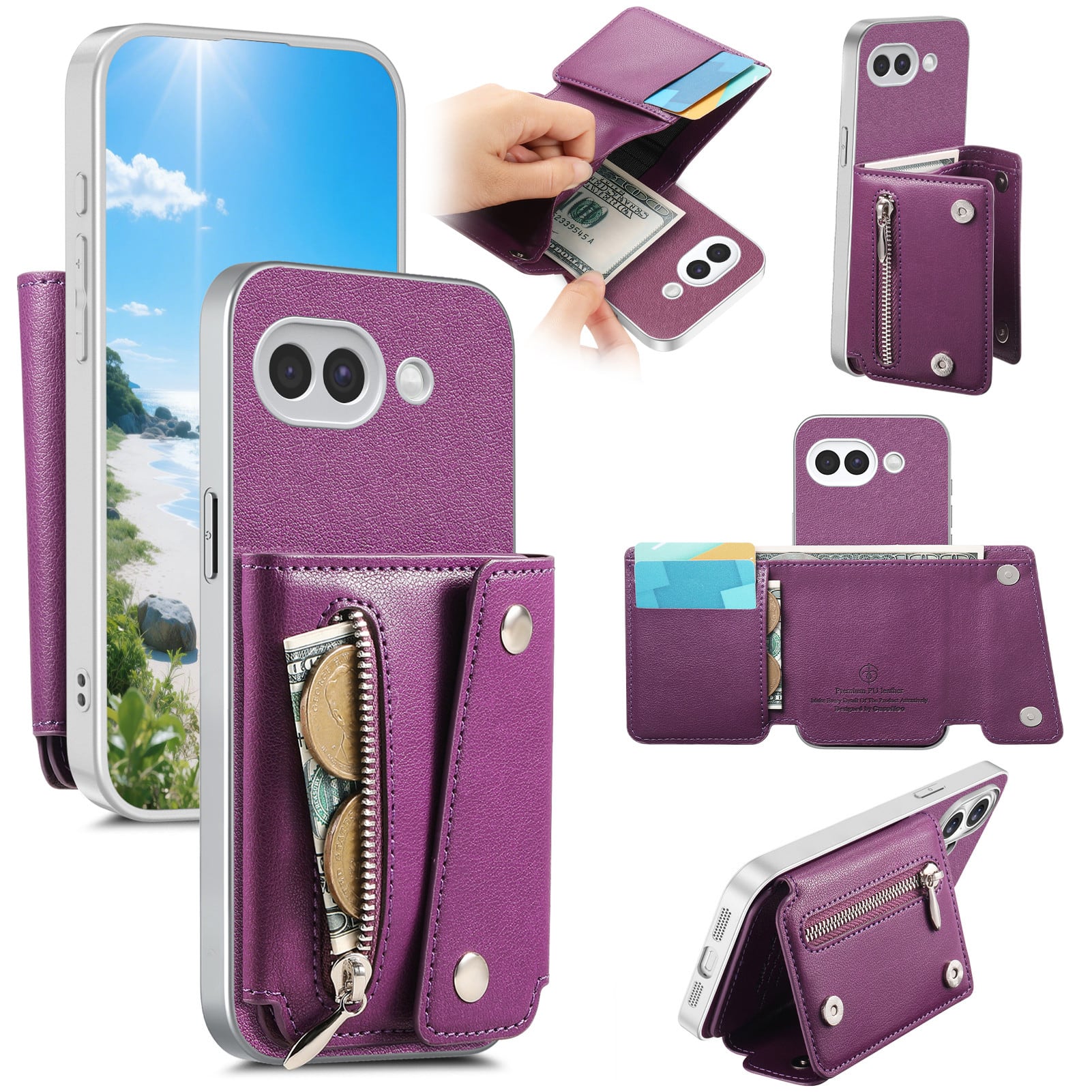 Dteck - Zipper Wallet Card Pocket Cover for Google Pixel 9A with Cash Slot, Shockproof PU Leather PC+TPU Case - Purple price history on PriceWatchPro