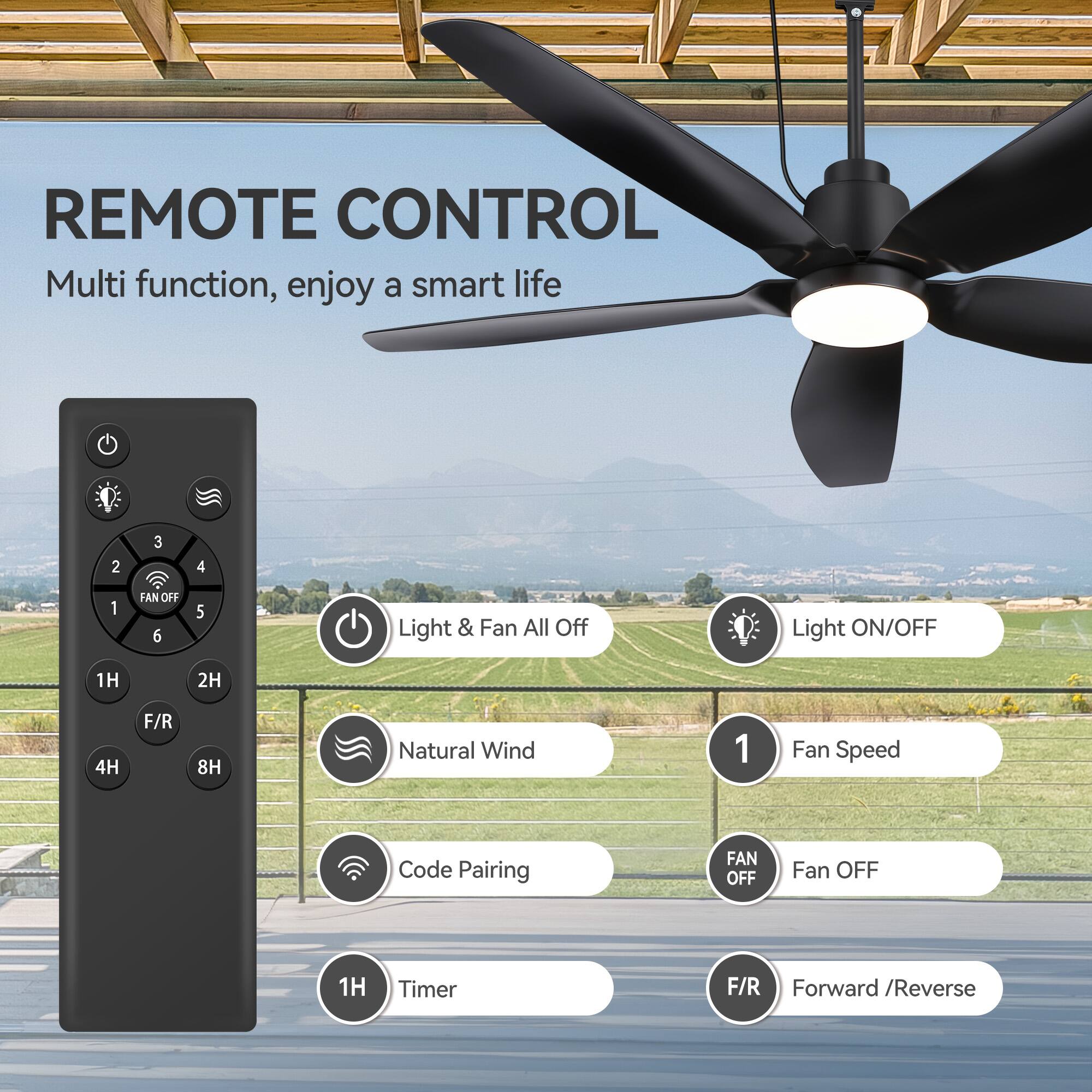 REMOTE CONTROL  
Multi function, enjoy a smart life  

- Light & Fan All Off  
- Light ON/OFF  
- Natural Wind  
- Code Pairing  
- Timer  
- Fan Speed  
- Fan OFF  
- Forward / Reverse  

1H  
2H  
4H  
8H  
F/R