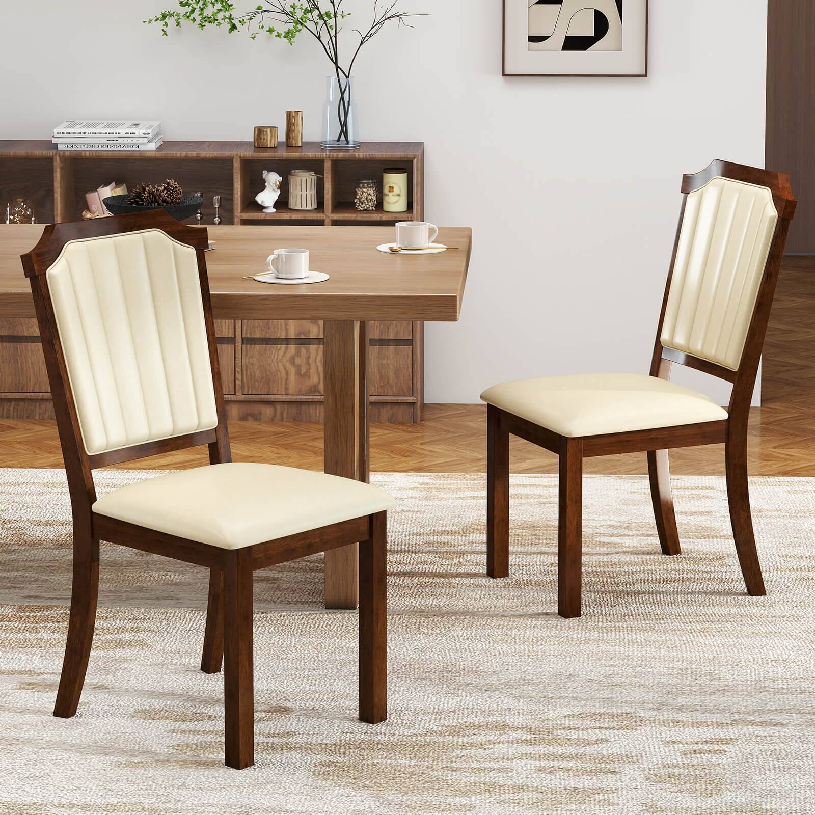 Alt View 1. Costway - Costway Dining Chair Set of 2 Upholstered Kitchen Chair with PU Leather & Rubber Wood Frame - Brown,Beige.