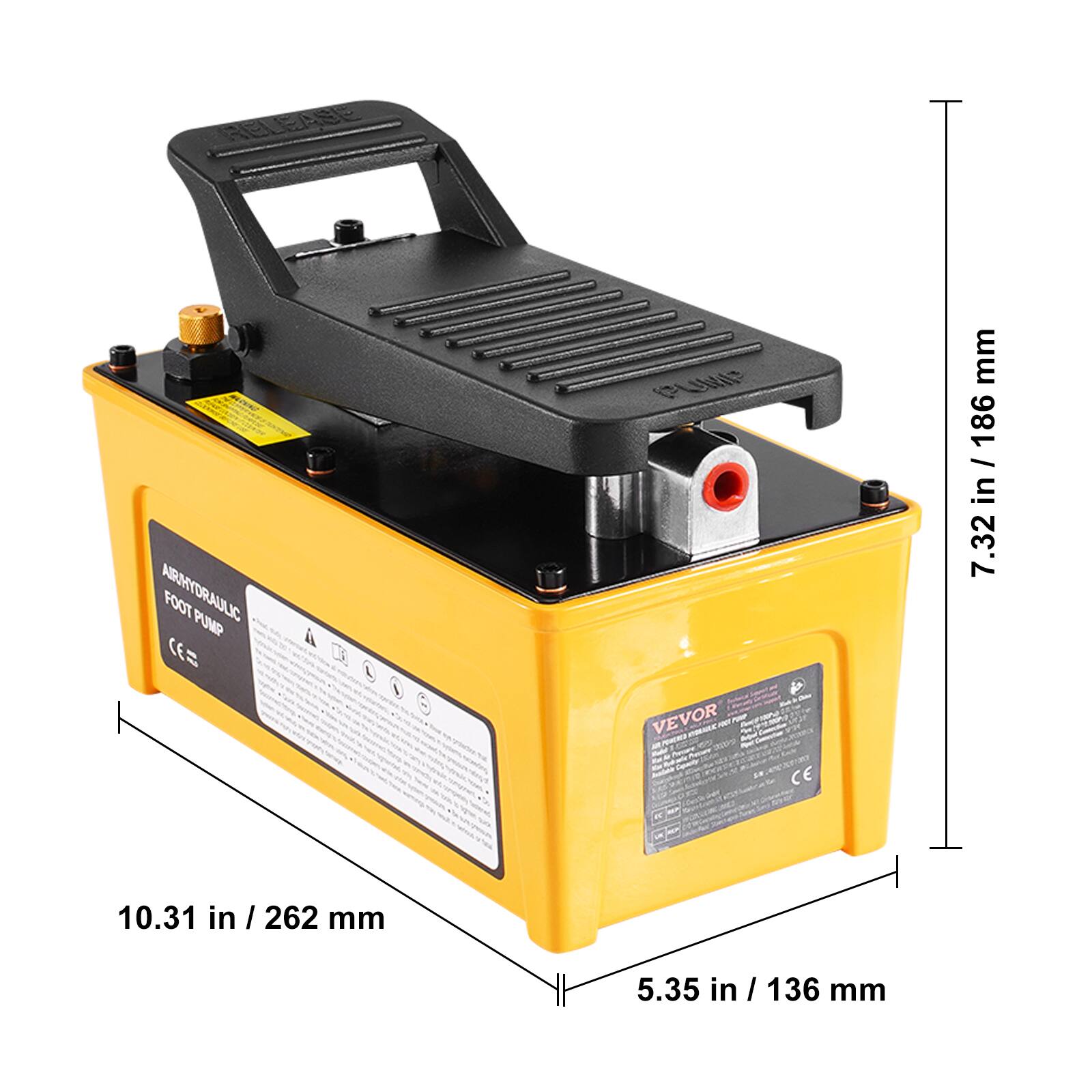 RELEASE AIRHYDRAULIC FOOT PUMP  
PLN VEVOR  
P  
CE  
mm  
186  
in  
7.32  
.32 in / 10.31 in  
262 mm  
5.35 in  
136 mm