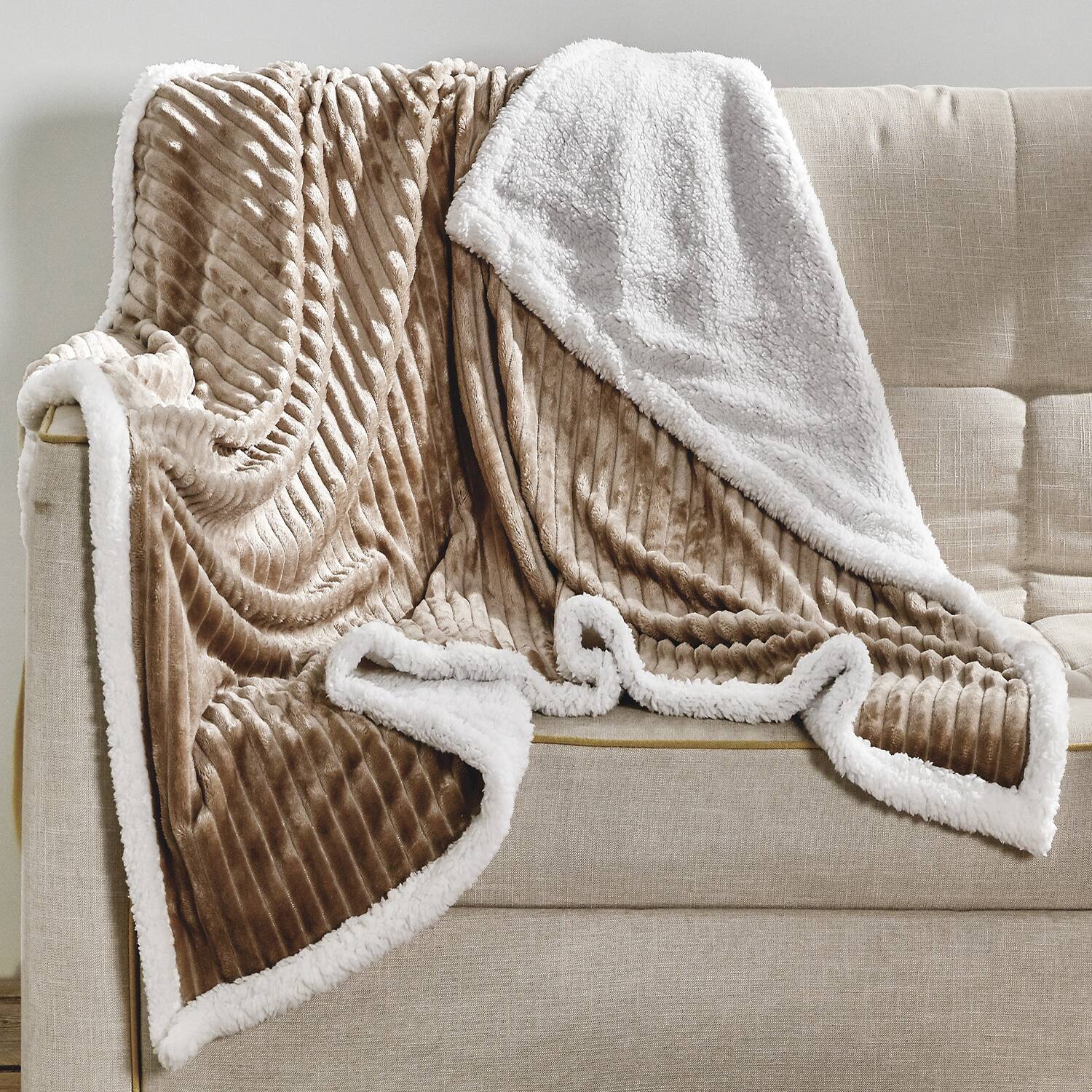 Alt View 1. Noble House - Plazatex Corduroy Faux Sherpa Reverse Throw Blanket - 50x60", Mocha - Mocha.