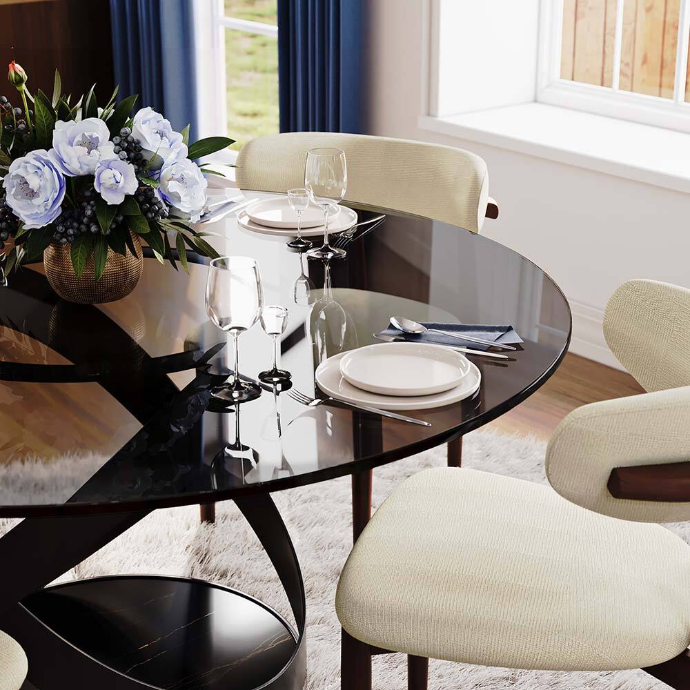 Back. POVISON - 51" Modern Gray Glass Round Dining Table for 4, Smoked Gray Tempered Glass Tabletop with Black X Carbon Steel Base - Smoked Gray Tempered Glass with Black.