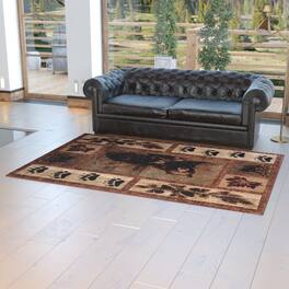 Emma + Oliver - Juneau Accent Rug with Mother Bear and 2 Cubs Nature Scene and Leaf and Bear Track Detailing for Home, Cabin or RV - Brown