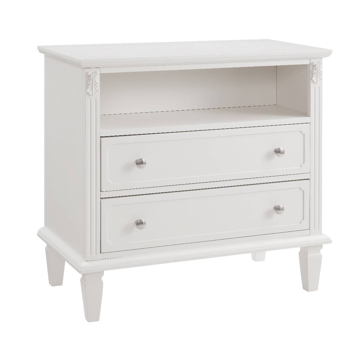 Alt View 4. Loheer - Loheer White Nightstand with Charging Station, Two Drawers and Open Shelf, Solid Wood Legs - White.
