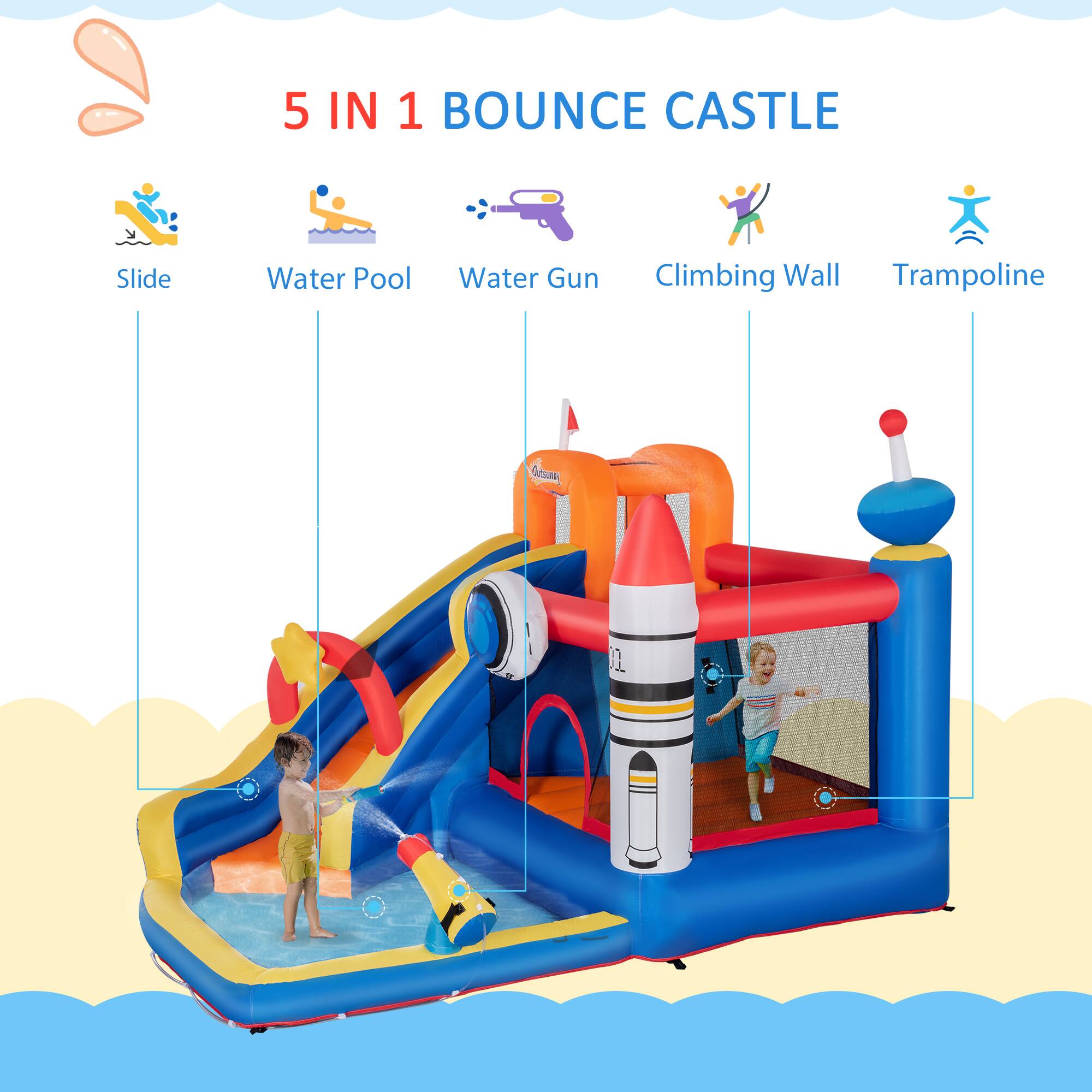 5 IN 1 BOUNCE CASTLE

- Slide
- Water Pool
- Water Gun
- Climbing Wall
- Trampoline