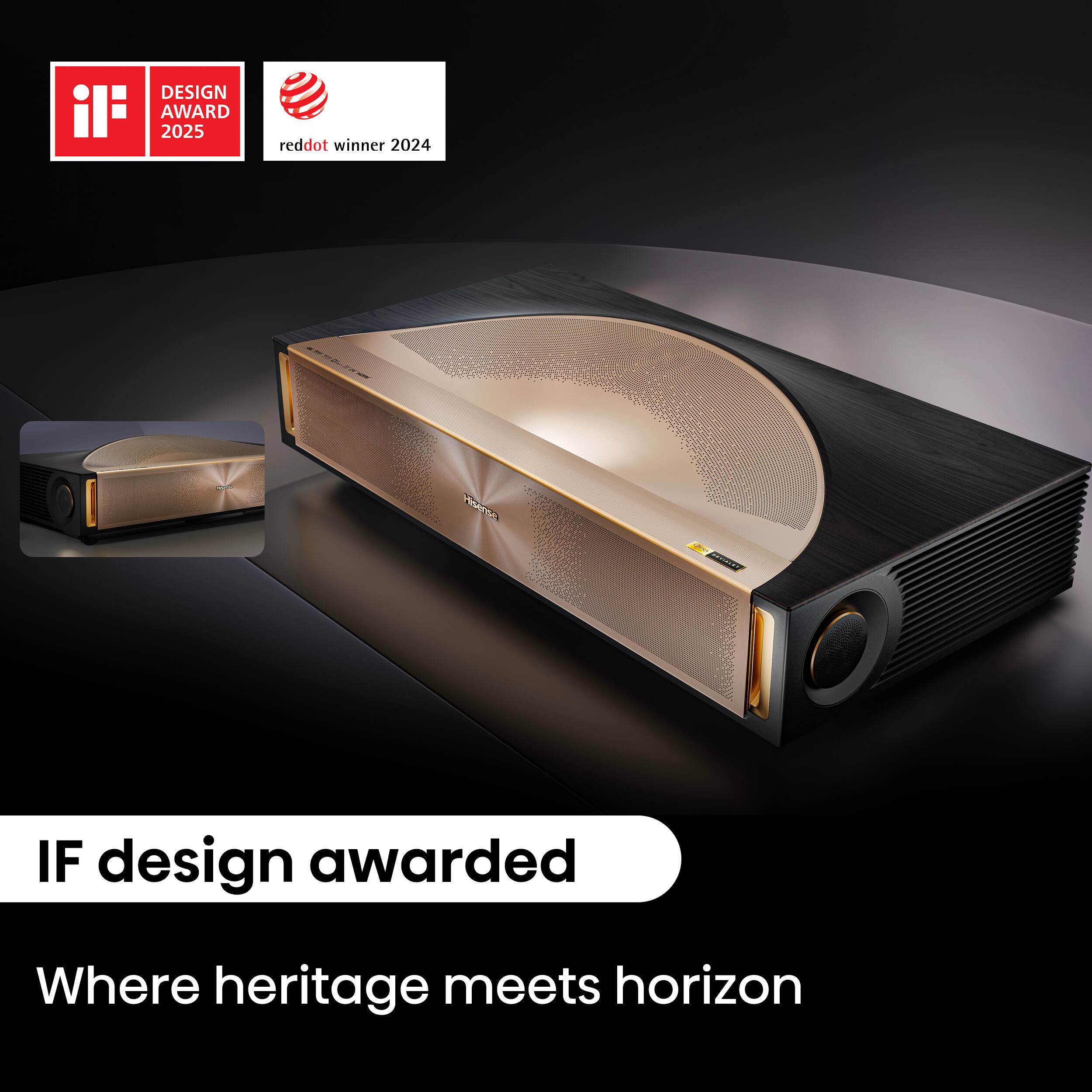 The text on the image reads: "IF Design Award 2025 Red Dot Winner 2024. IF design awarded. Where heritage meets horizon."