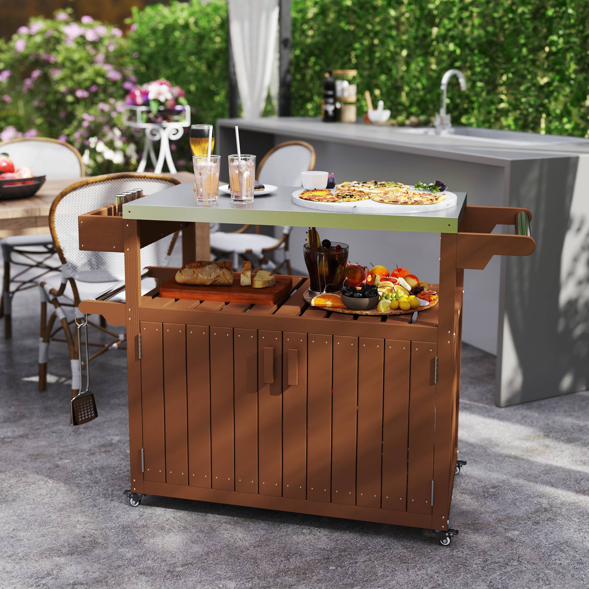 Alt View 1. Outsunny - Outdoor Bar Cart with Storage Cabinet, Stainless Steel Top Kitchen Island on Wheels, HDPE Outdoor Bar Table - Brown.