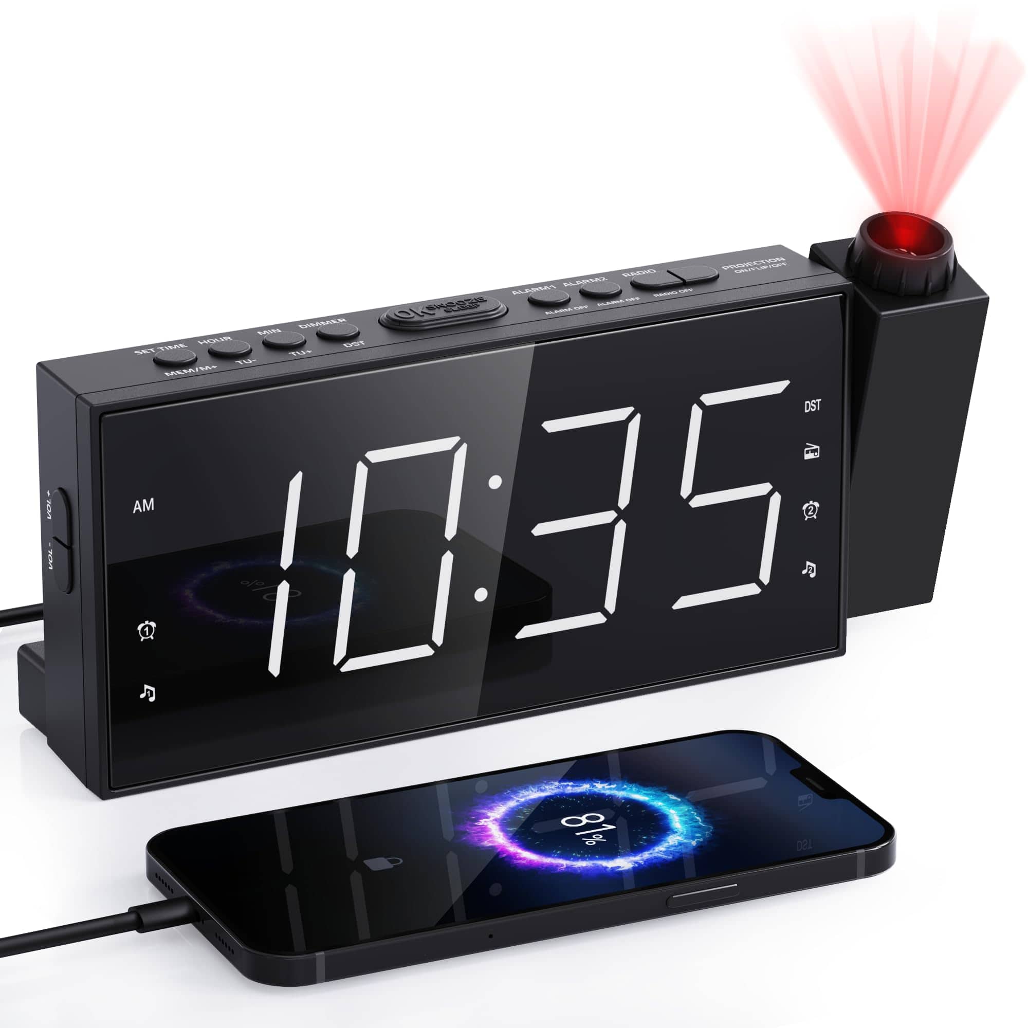 Dazzed Corner - Projection Alarm Clock with FM Radio,Dual Alarms USB Charger - Black