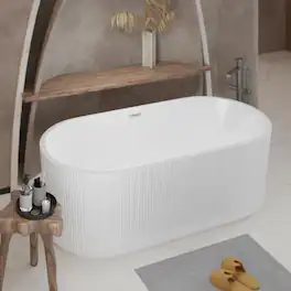 Loheer - 67 Inch Freestanding Acrylic Bathtub Oval Soaking Tub with Center Drain and Chrome Overflow - Gloss White