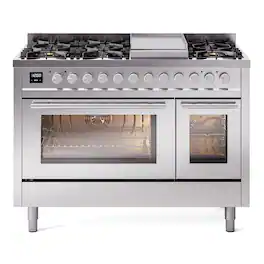 ILVE - Professional Plus II Series 48 in. Dual Fuel Range with 8 Sealed Burners + Griddle (Natural Gas, Satin Trim) - Stainless Steel