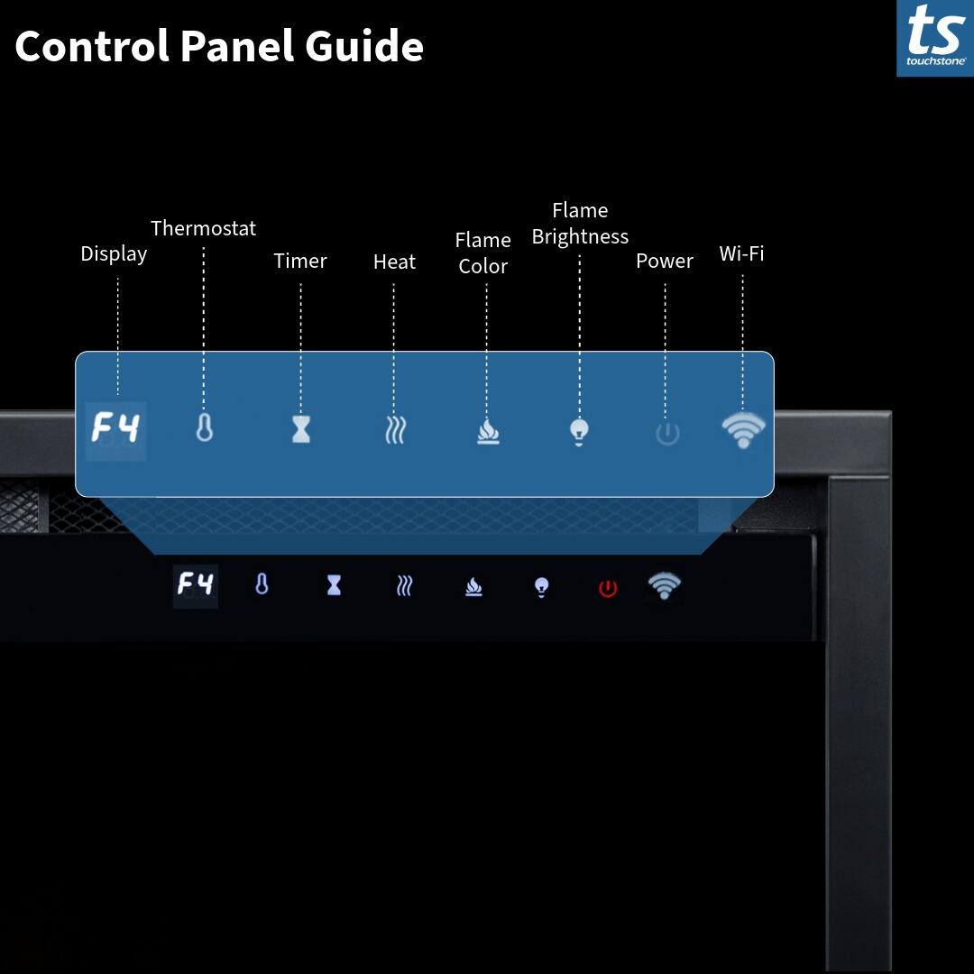 Control Panel Guide  
ts touchstone  
Thermostat  
Display  
Timer  
Heat  
Flame Color  
Flame Brightness  
Power  
Wi-Fi  
F4  
F4