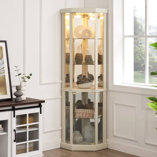Angle. LUCKY ONE - Freestanding Corner Lighted Curio Cabinet with Glass Shelves Display Case for Wine Bar Collectibles - Antique White.