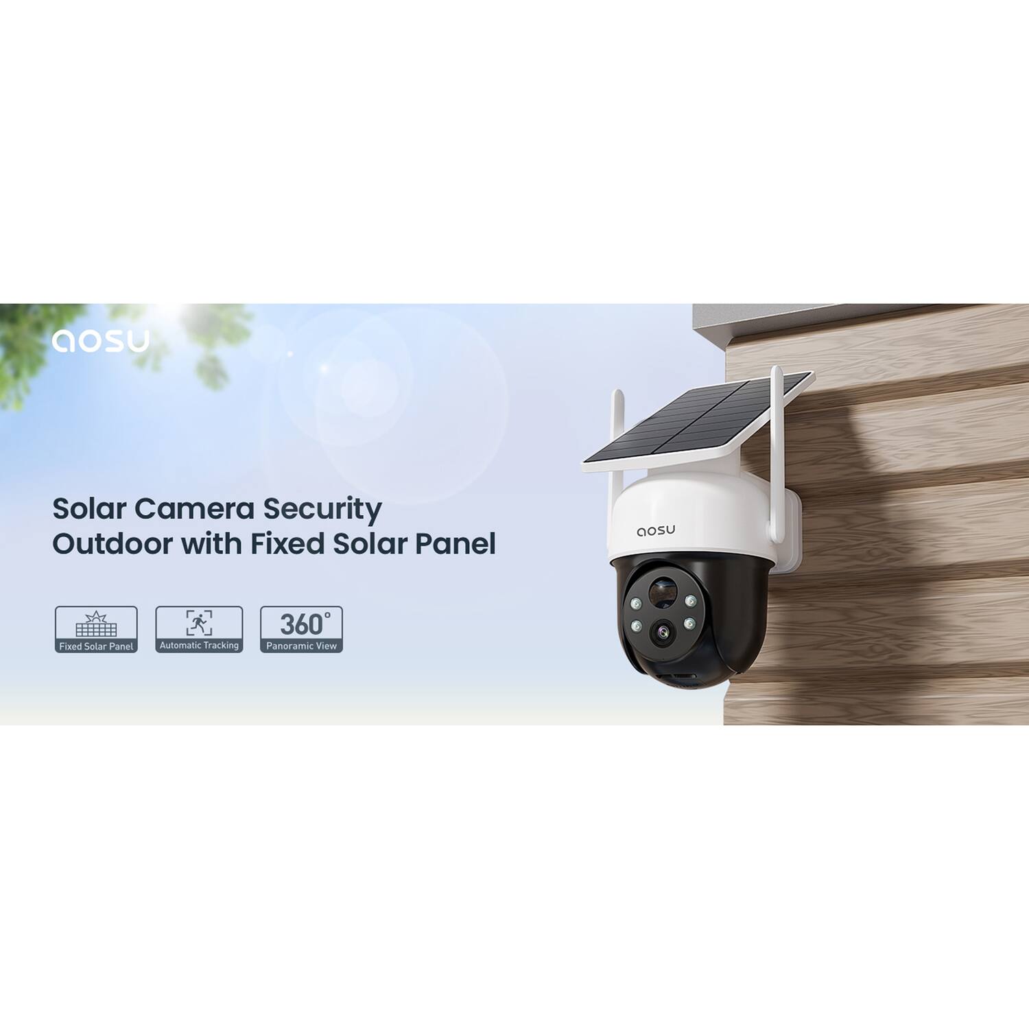 Solar Camera Security Outdoor with Fixed Solar Panel  
- Fixed Solar Panel  
- Automatic Tracking  
- 360° Panoramic View