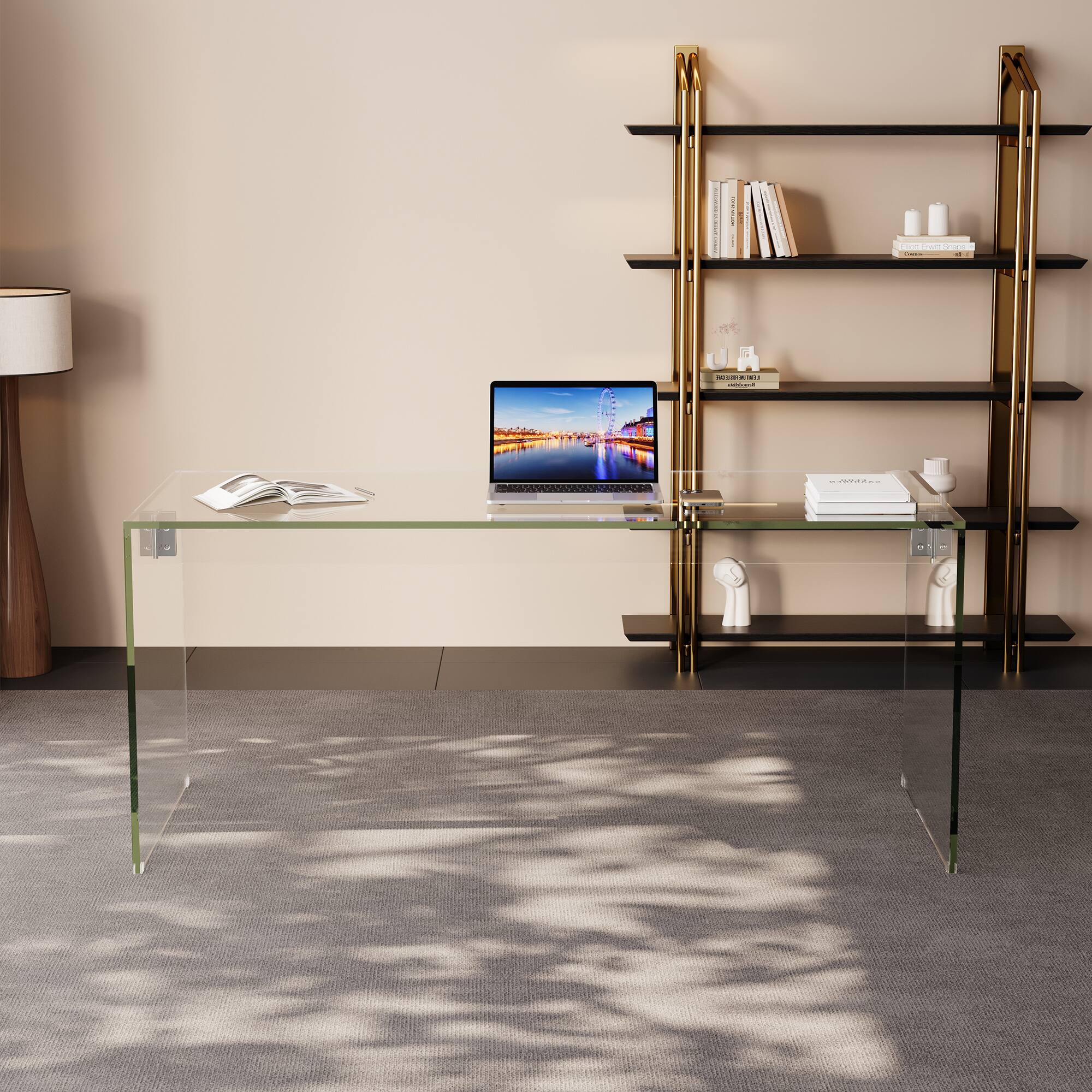 Left. luck idea - 53.14" Tempered Glass Desk, Dressing Table - Clear Glass.