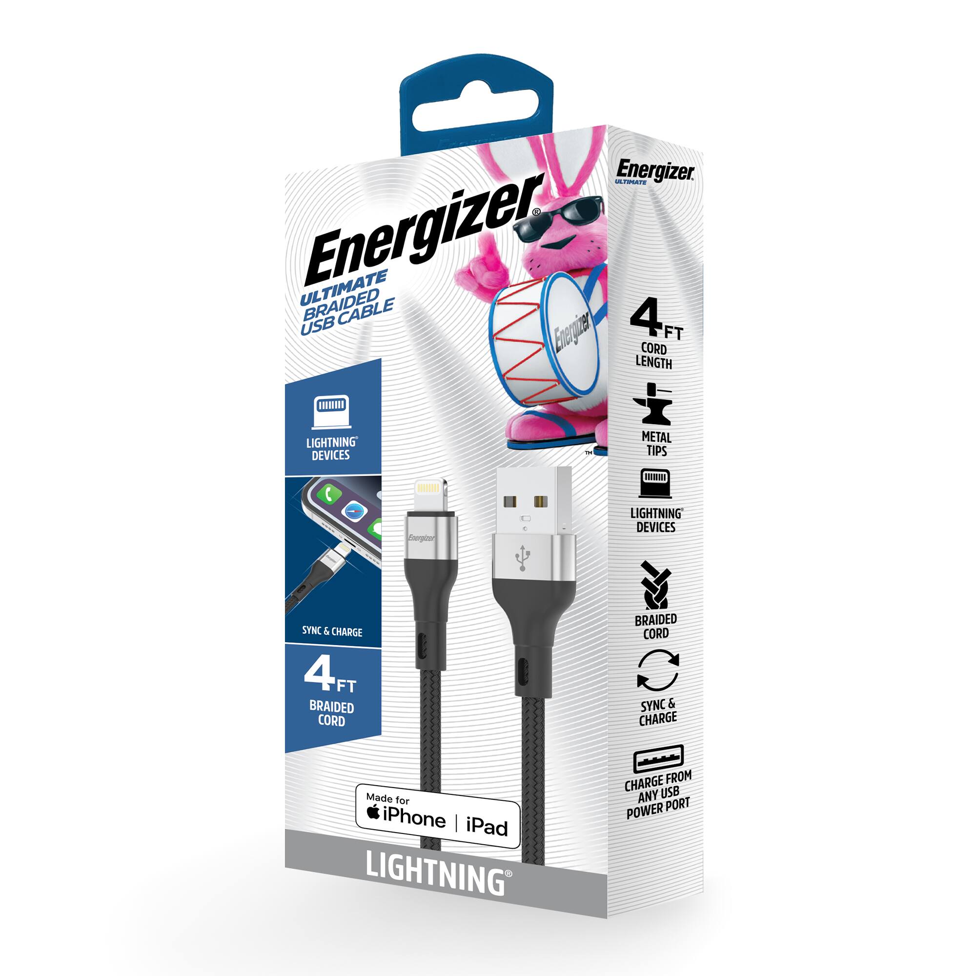Energizer Ultimate Braided Cable 4FT USB Cord Length Lightning Devices Metal Tips

- Sync & Charge
- 4FT Braided Cord & Braided Cord Sync & Charge
- Made for iPhone iPad
- Lightning Charge from Any USB Power Port
