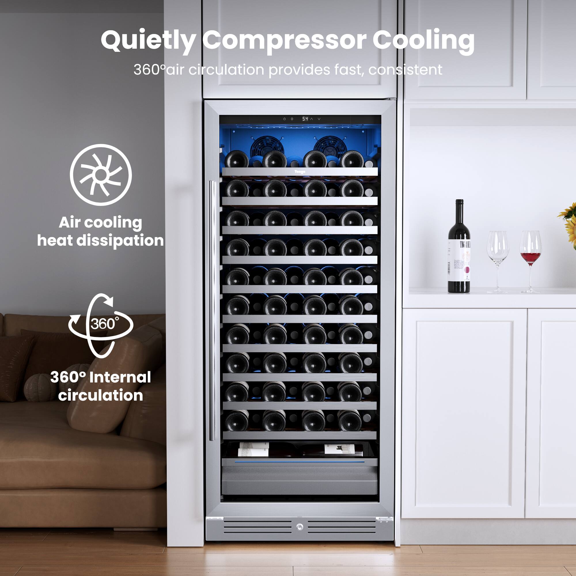 Quietly Compressor Cooling  
360° air circulation provides fast, consistent cooling  

Air cooling heat dissipation  

360° Internal circulation