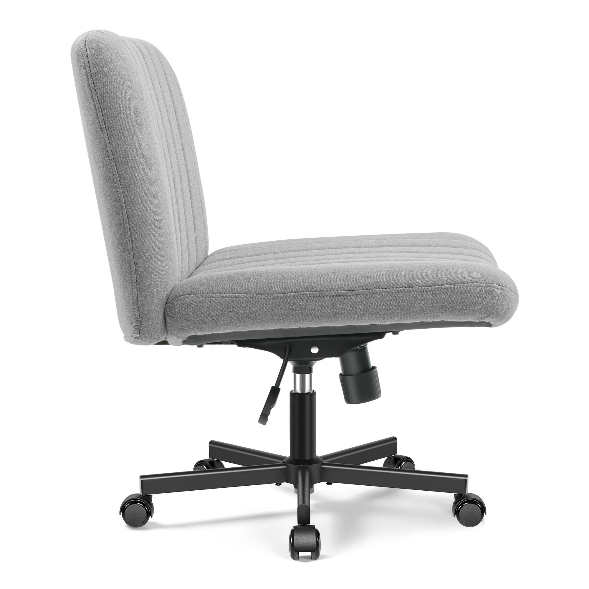 Left. Brick Attic - Criss Cross Chair with Wheels, Wide Cross Legged Office Desk Vanity Chair Comfy Fabric Armless Adjustable Swivel - Light Gray.