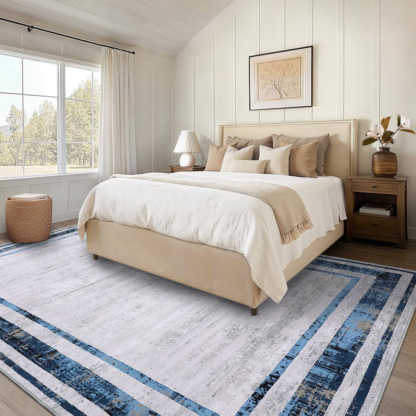 Left. Homhougo - 9x12 Modern Bordered Area Rug, Machine Washable Non-Slip Carpet for Living Room in Navy - Navy Blue.