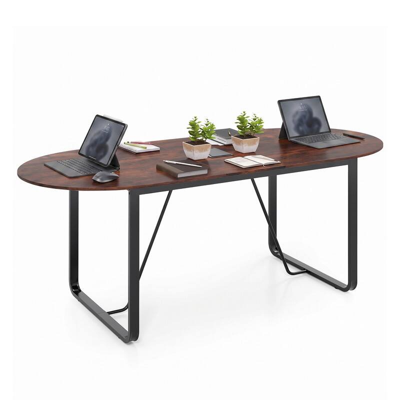 Angle. WELLFOR - 71" Oval Conference Table for 6-8 People, Industrial Executive Table with Cable Holes - Rustic Brown.