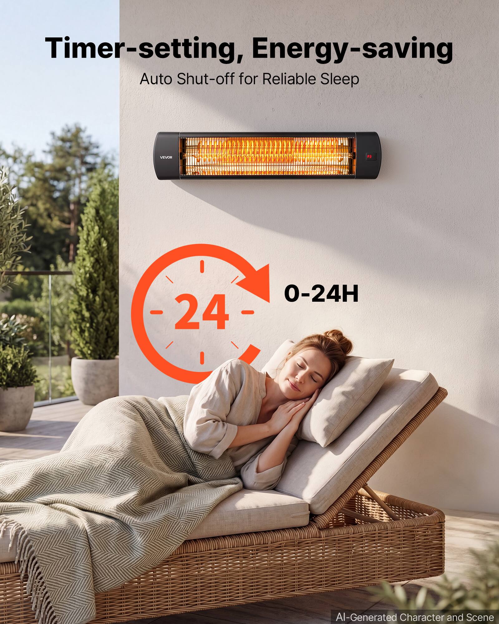 Timer-setting, Energy-saving  
Auto Shut-off for Reliable Sleep  

TEVOR  
24 I  
0-24H  

AI-Generated Character and Scene
