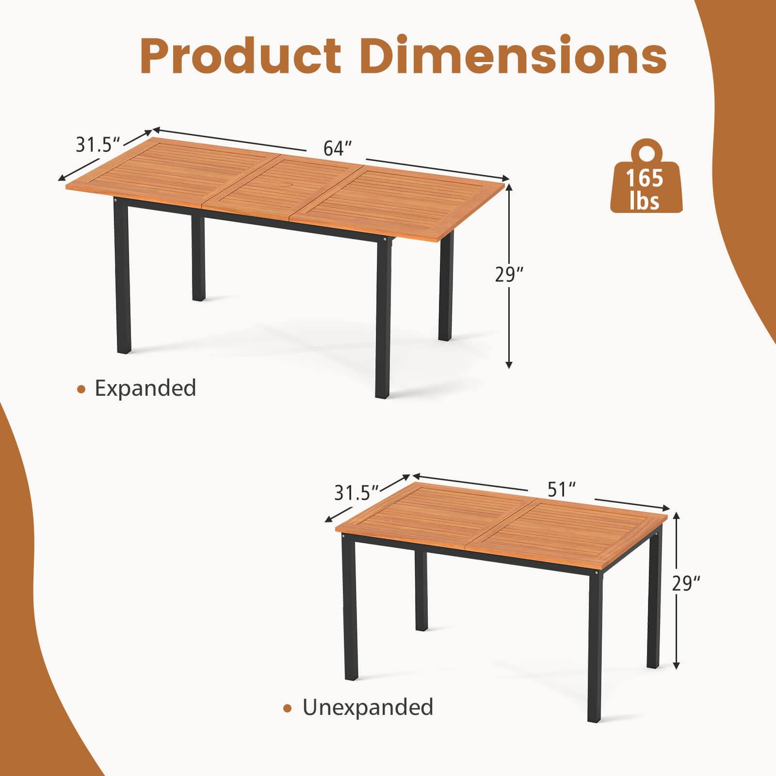 Product Dimensions

Expanded  
- Length: 64"  
- Width: 31.5"  
- Height: 29"  
- Weight Capacity: 165 lbs  

Unexpanded  
- Length: 51"  
- Width: 31.5"  
- Height: 29"
