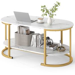 Costway - Oval Coffee Table with Metal Support Legs for Apartment Office Reception - White,Gold