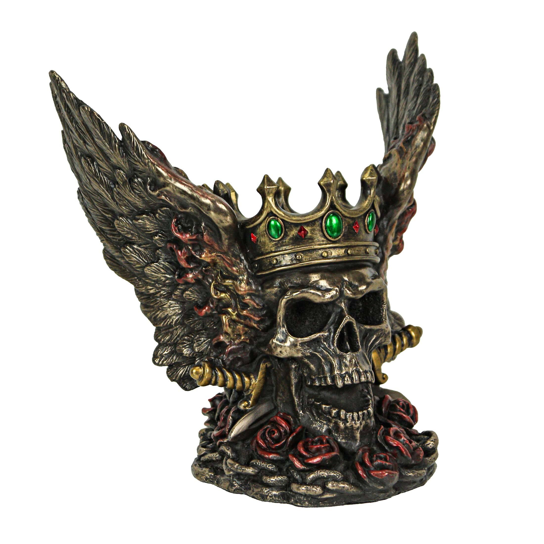 Alt View 2. Veronese Design - Bronze Finish Screaming Monarch Skull Statue With Flames and Wings 5.75 Inches High - Multicolored.