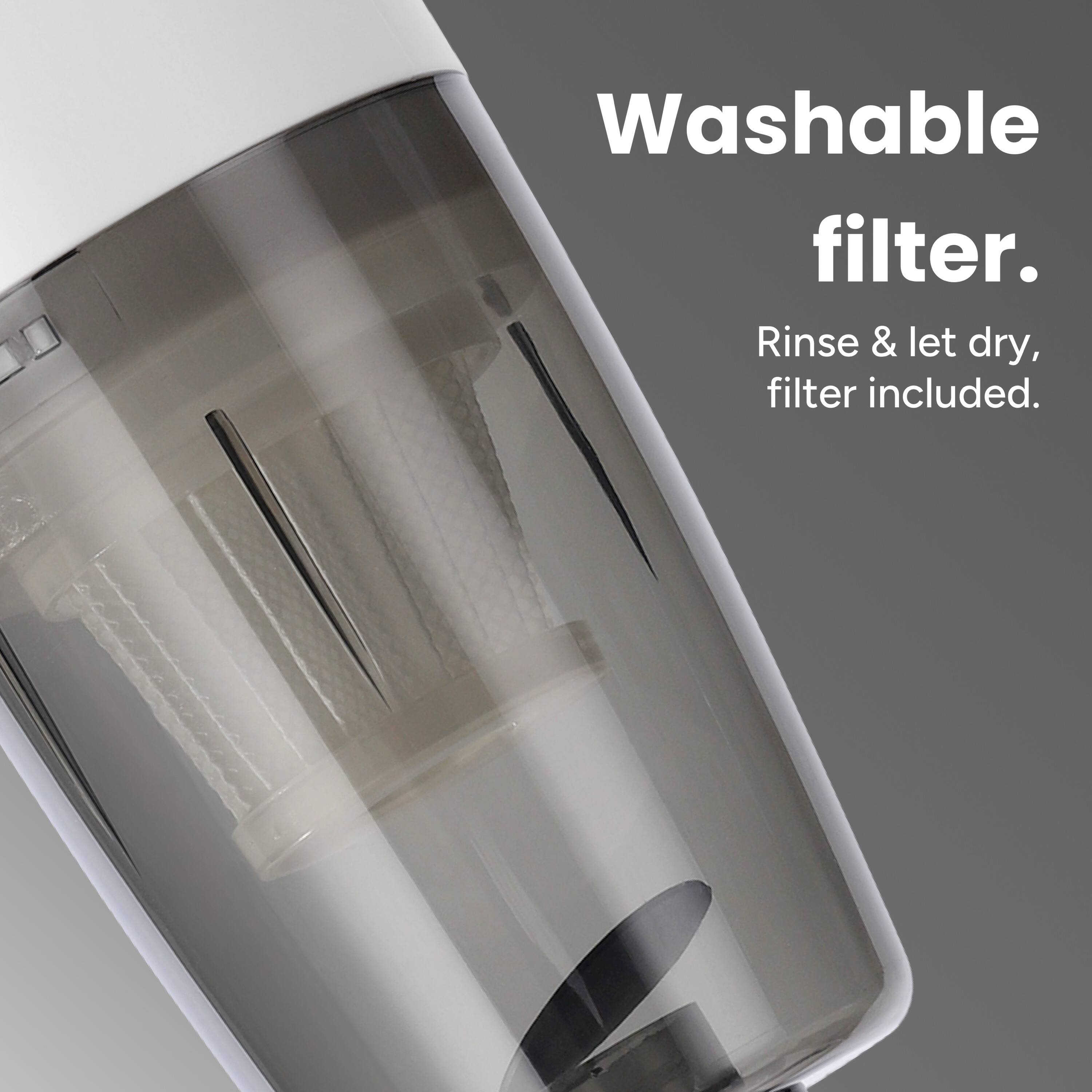 Washable filter.  
Rinse & let dry, filter included.