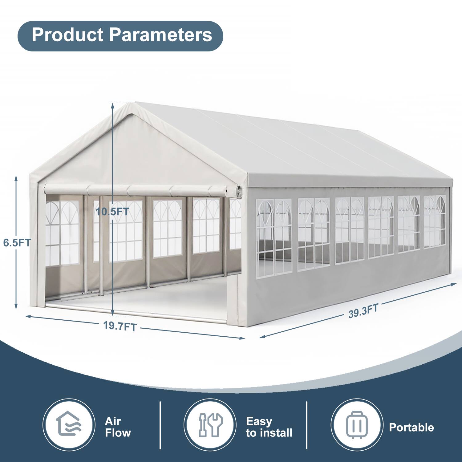 Product Parameters

- 10.5FT
- 6.5FT
- 19.7FT
- 39.3FT

Air Flow  
Easy to install  
Portable