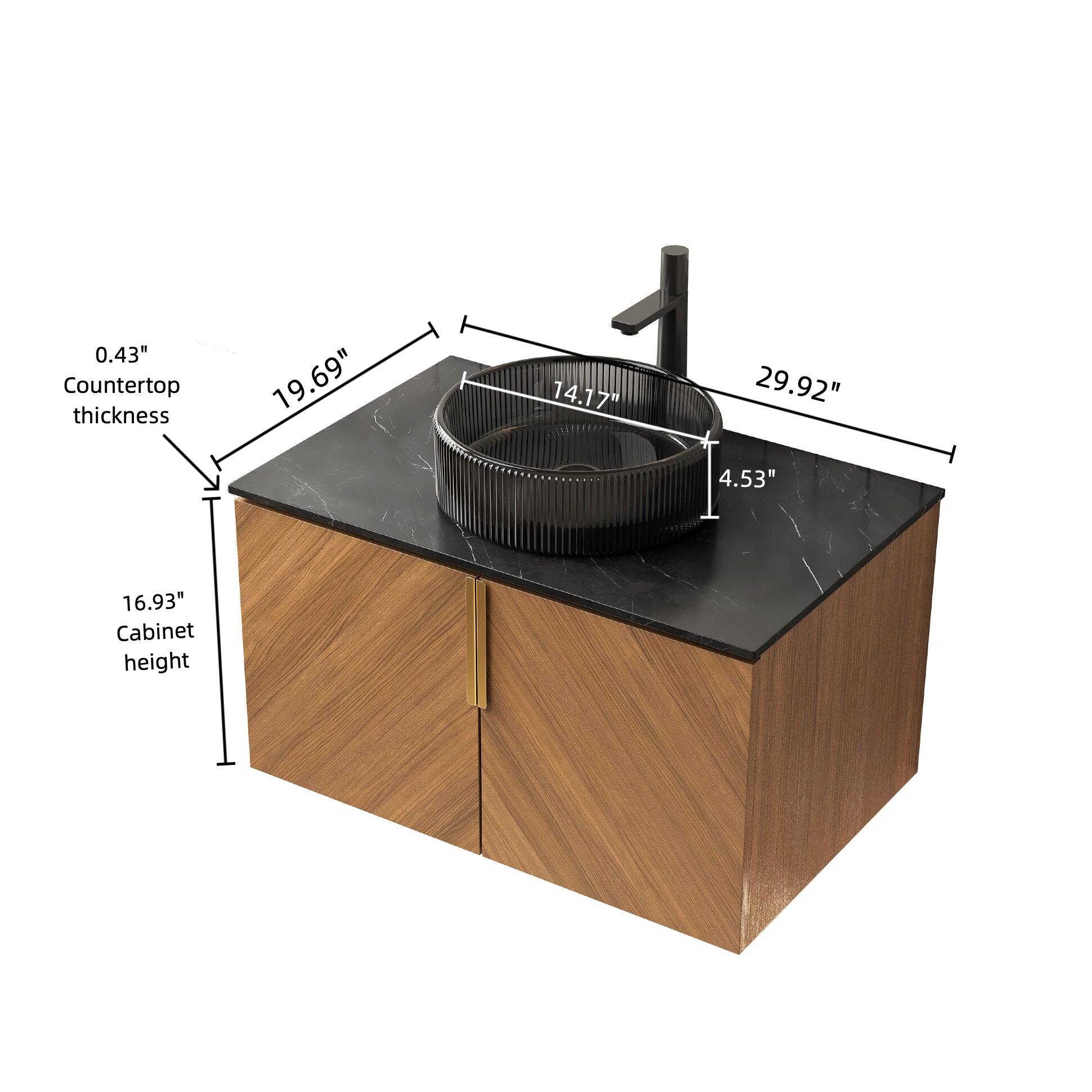 - Countertop thickness: 0.43"
- Cabinet height: 16.93"
- Sink dimensions: 19.69" x 14.17"
- Sink depth: 4.53"
- Faucet height: 29.92"